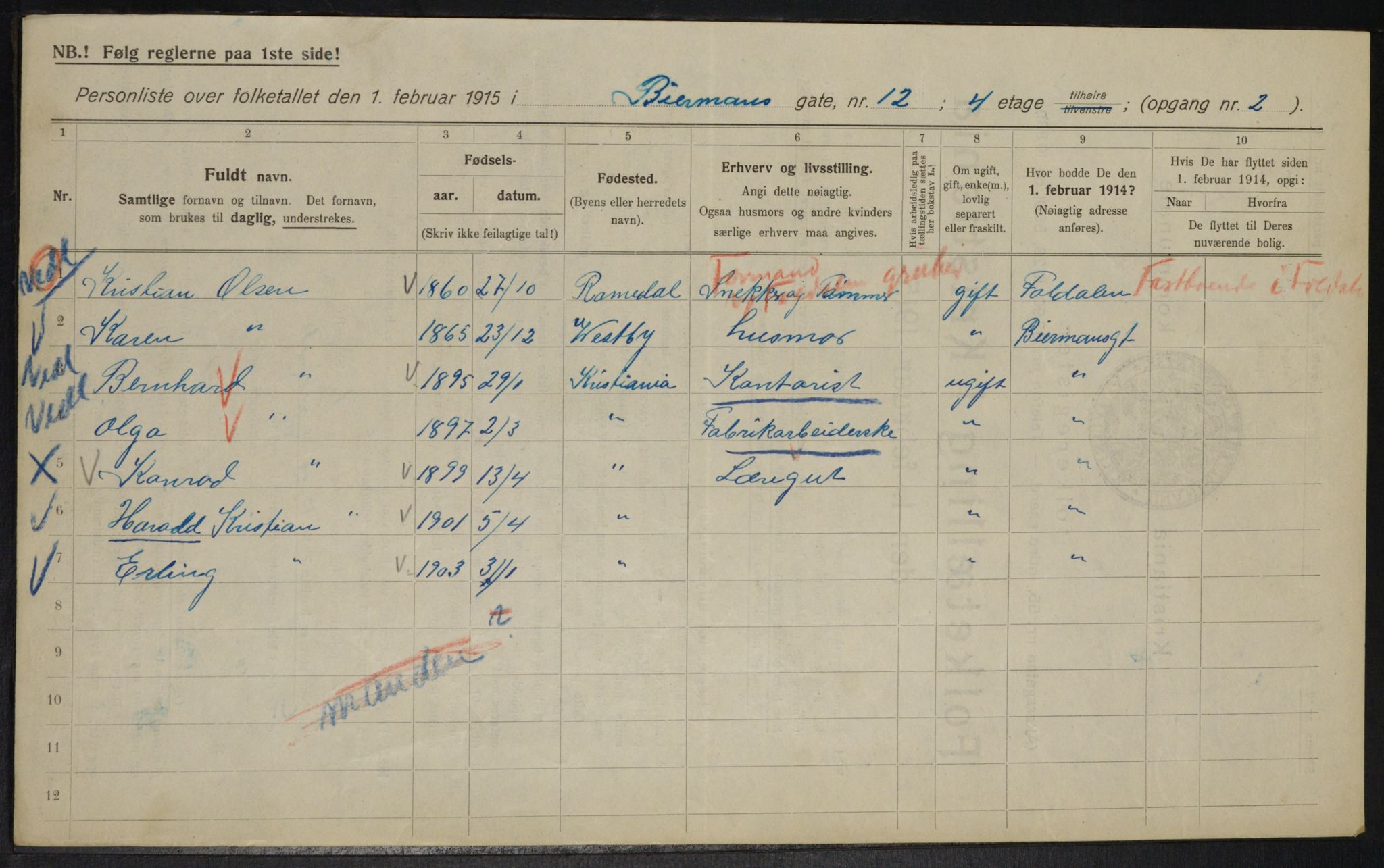 OBA, Municipal Census 1915 for Kristiania, 1915, p. 4960