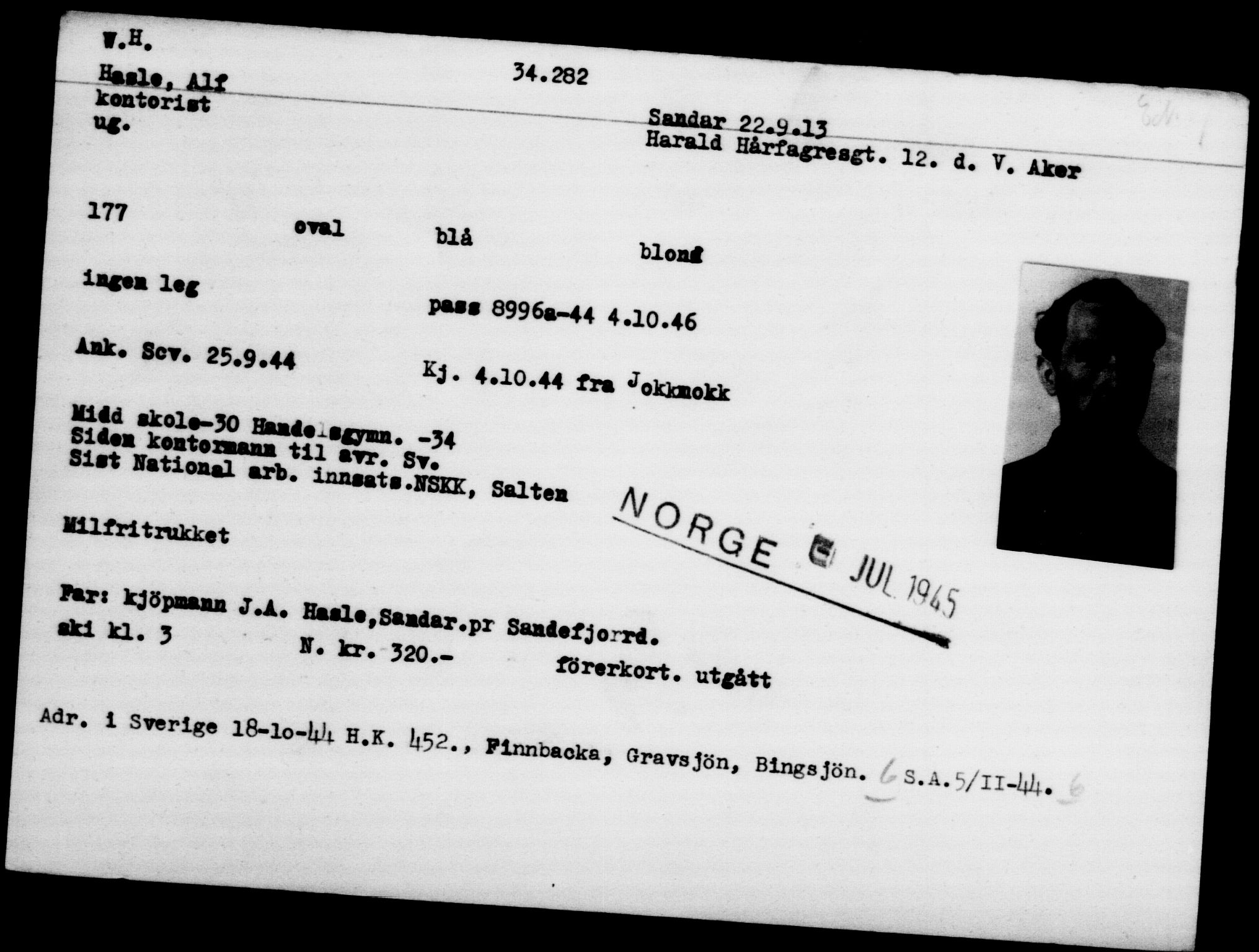 Utenriksstasjonene, Legasjonen i Stockholm, Flyktningkontoret, AV/RA-S-6753/V/Va/L0013: Kjesäterkartoteket, flyktninger med registreringsnr. 31500-34731, 1940-1945, p. 2934