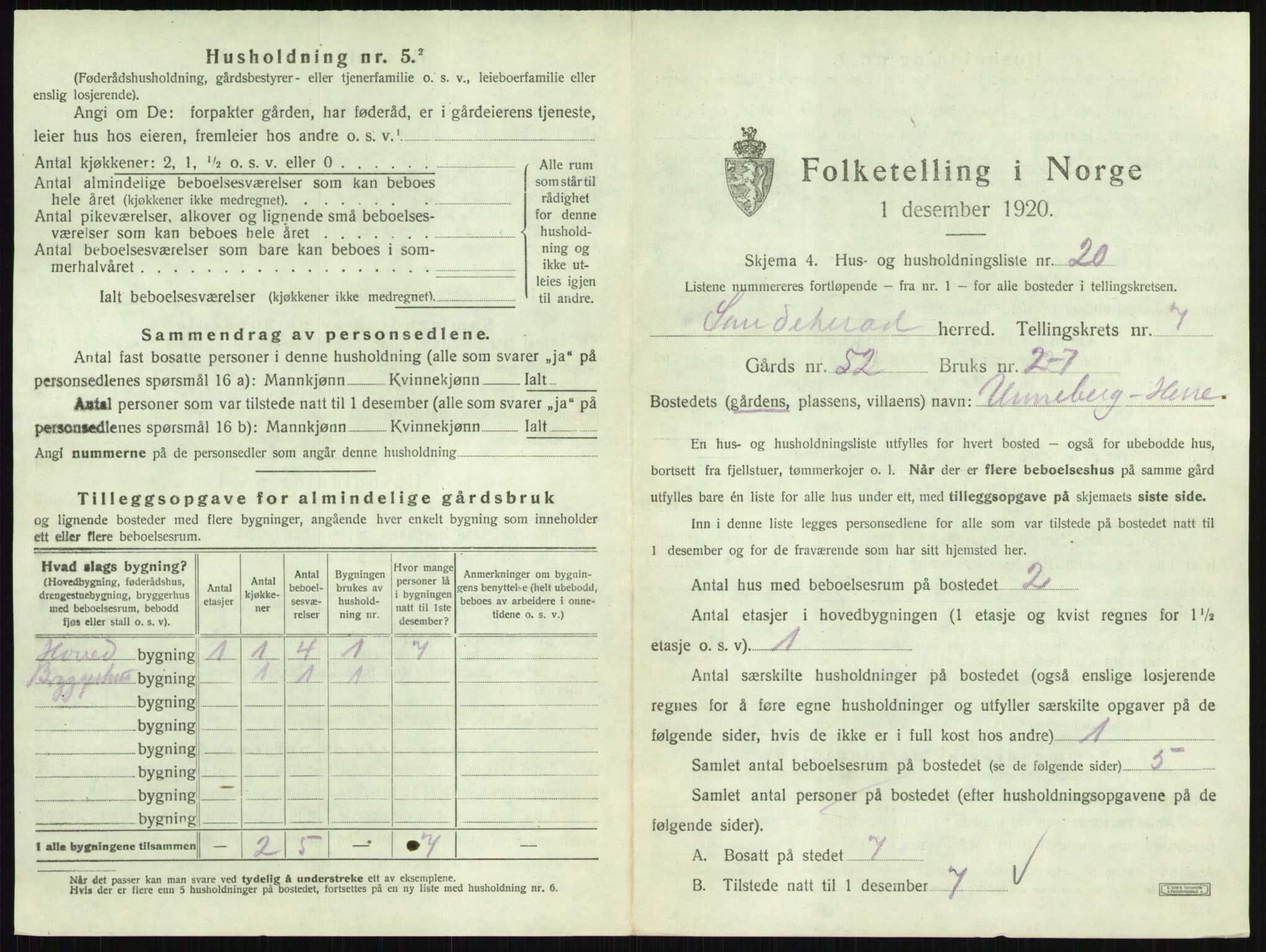 SAKO, 1920 census for Sandeherred, 1920, p. 1497