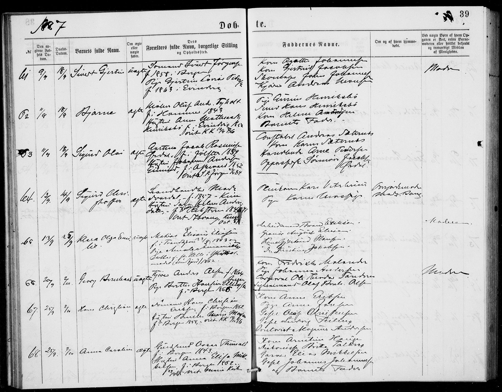 Fødselsstiftelsens sokneprestembete, ført av overlegen*, SAB/-: Parish register (official) no. A 2, 1884-1900, p. 39