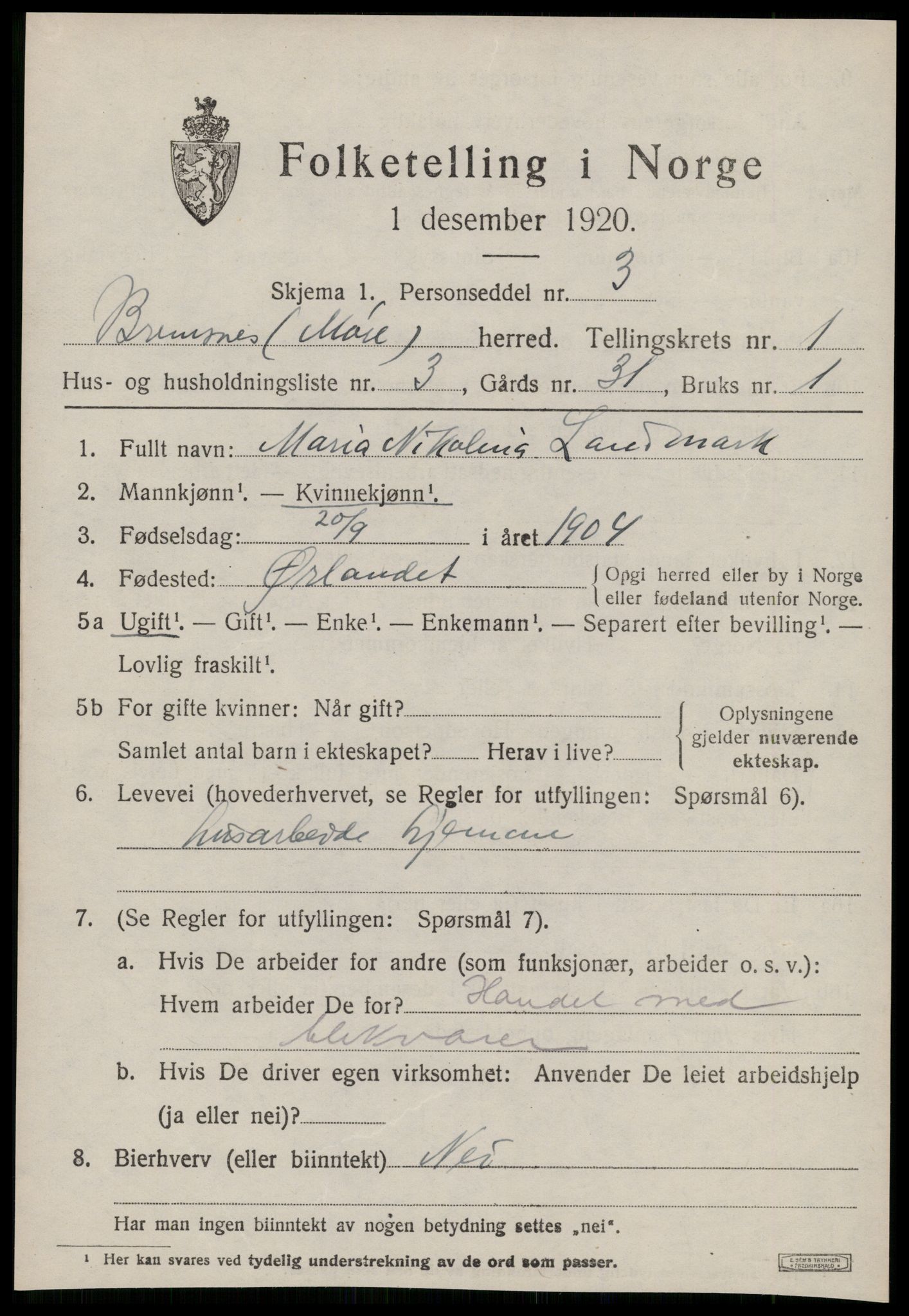 SAT, 1920 census for Bremsnes, 1920, p. 1505