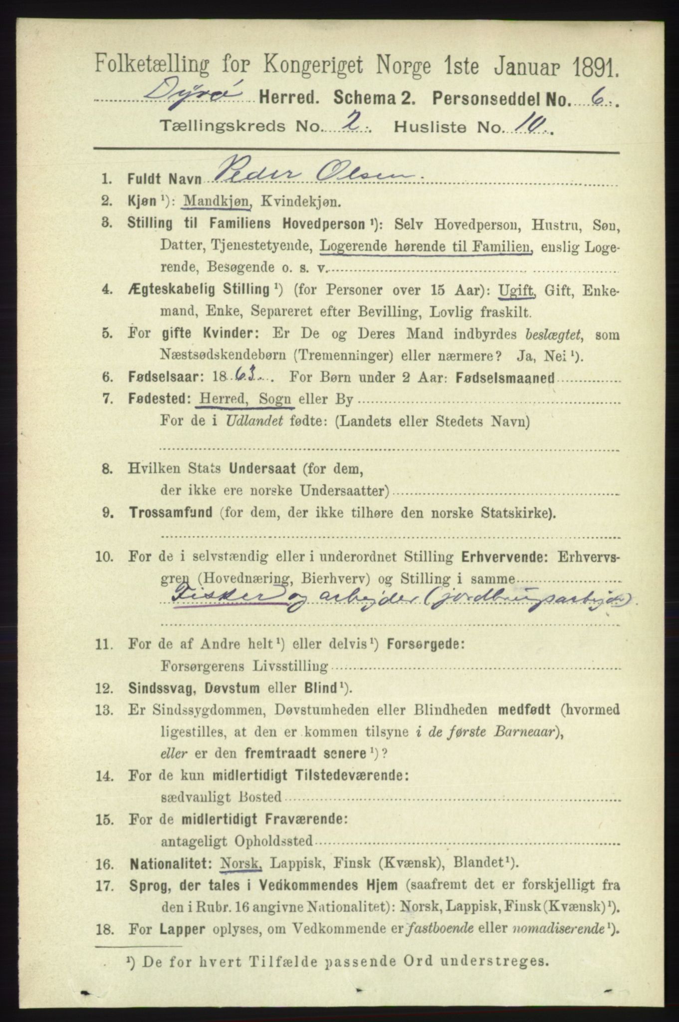 RA, 1891 census for 1926 Dyrøy, 1891, p. 601