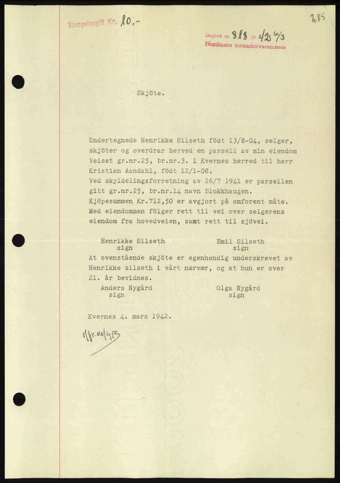 Nordmøre sorenskriveri, AV/SAT-A-4132/1/2/2Ca: Mortgage book no. A92, 1942-1942, Diary no: : 818/1942