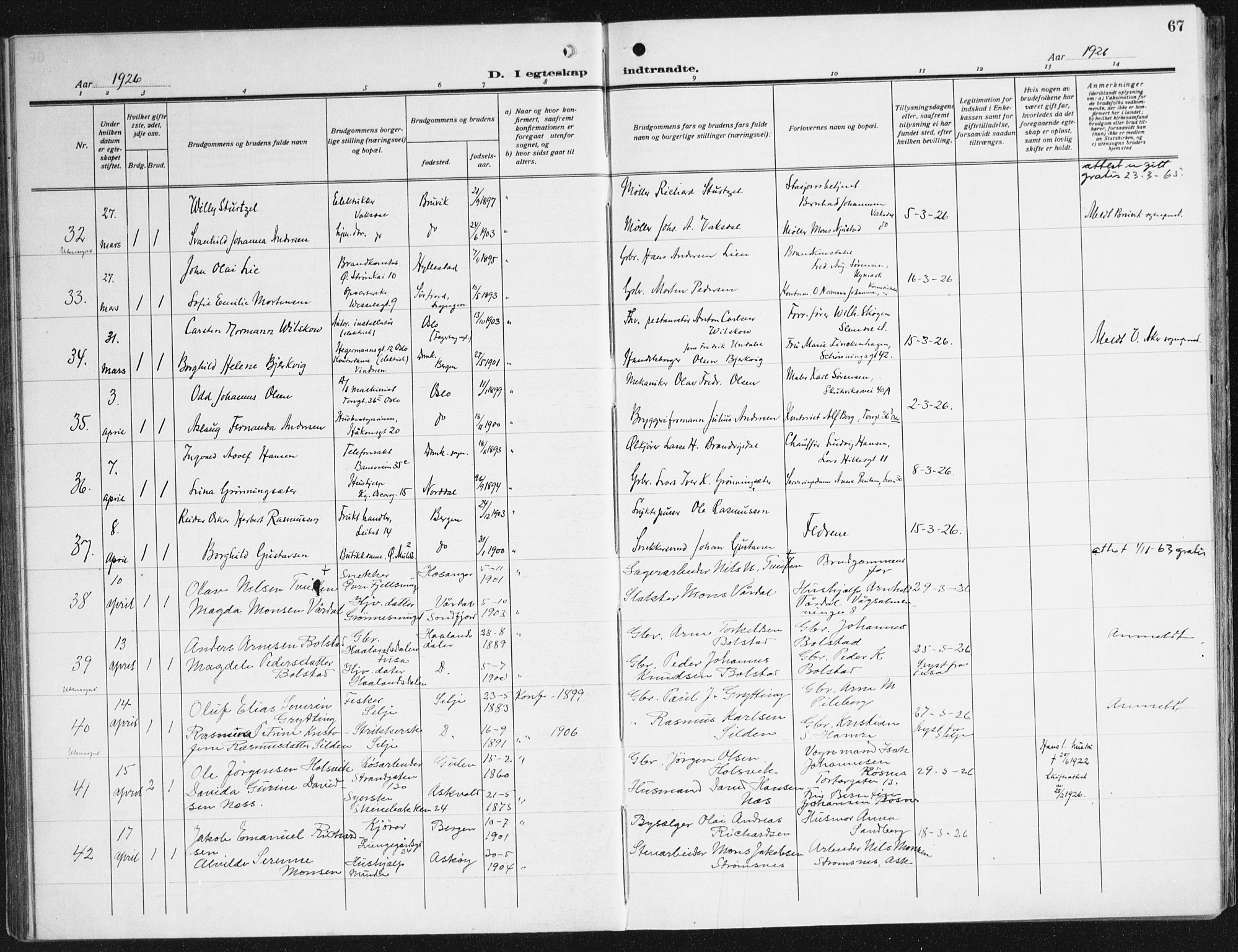 Domkirken sokneprestembete, AV/SAB-A-74801/H/Haa/L0039: Parish register (official) no. D 6, 1921-1937, p. 67