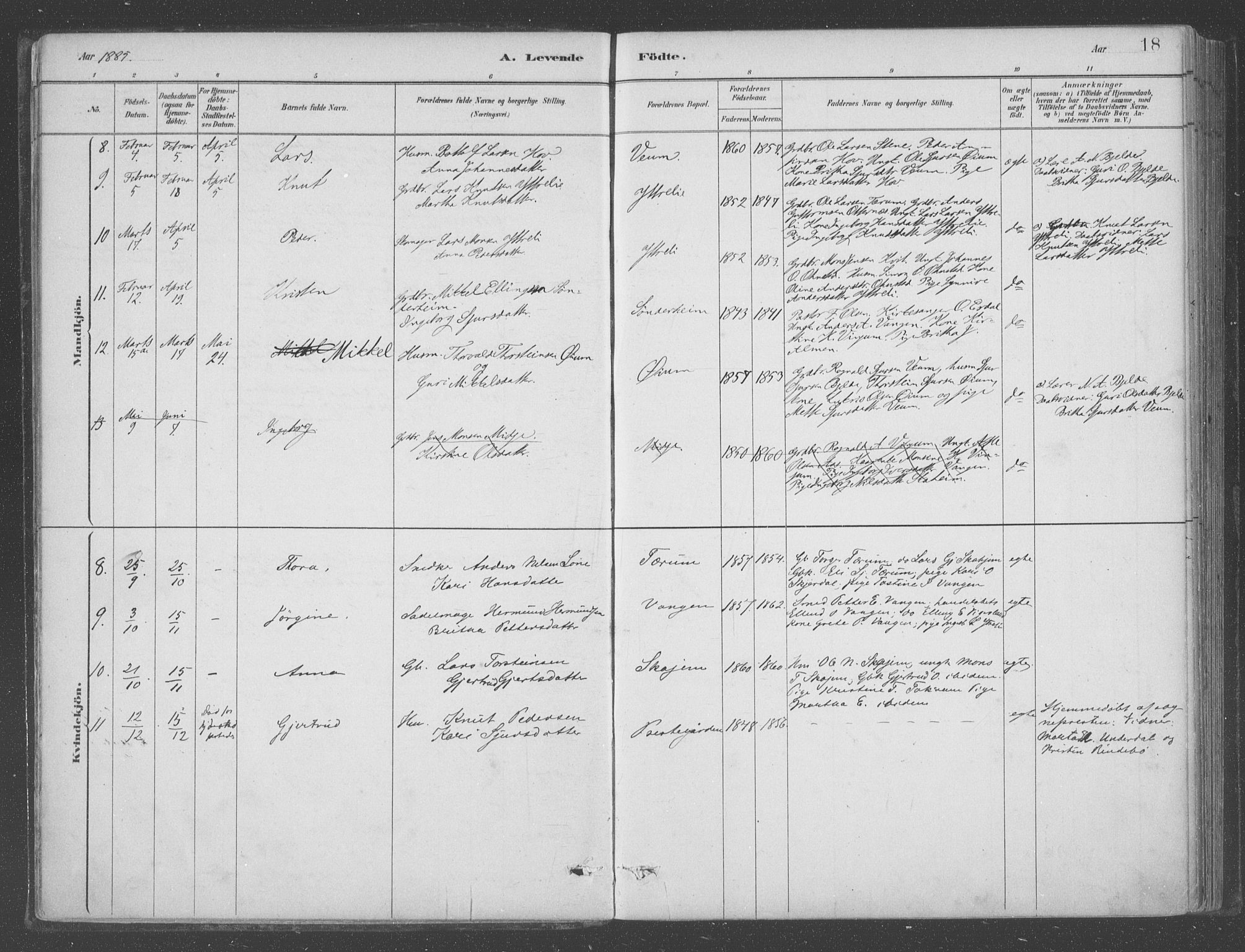 Aurland sokneprestembete, SAB/A-99937/H/Ha/Hab/L0001: Parish register (official) no. B  1, 1880-1909, p. 18