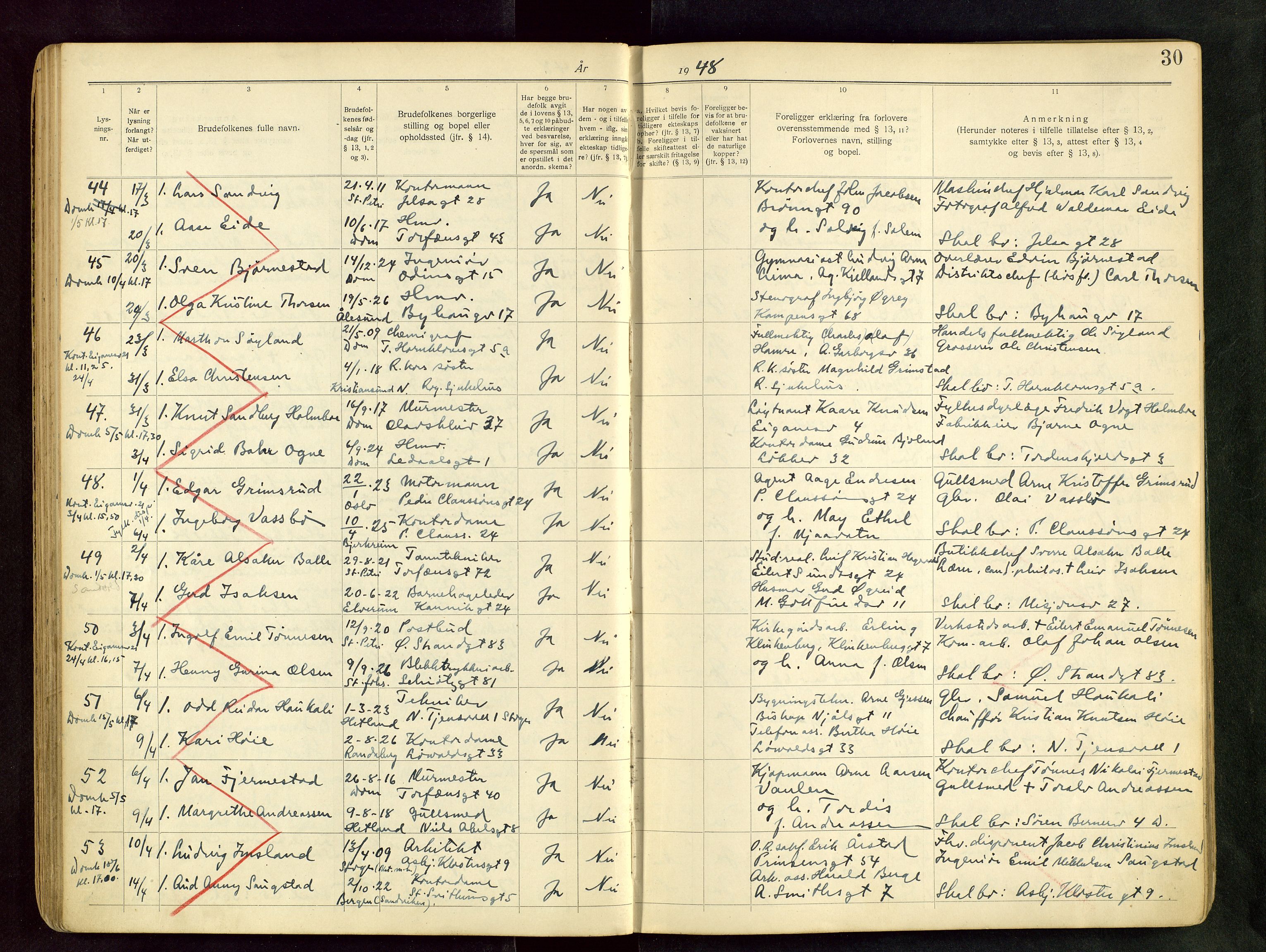 Domkirken sokneprestkontor, AV/SAST-A-101812/001/70/705BB/L0004: Banns register no. 4, 1943-1951, p. 30