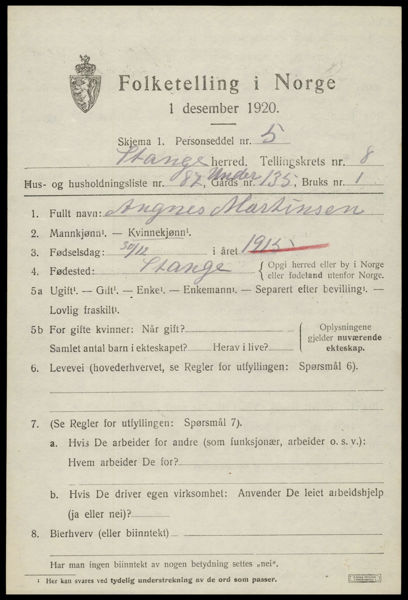 SAH, 1920 census for Stange, 1920, p. 14579