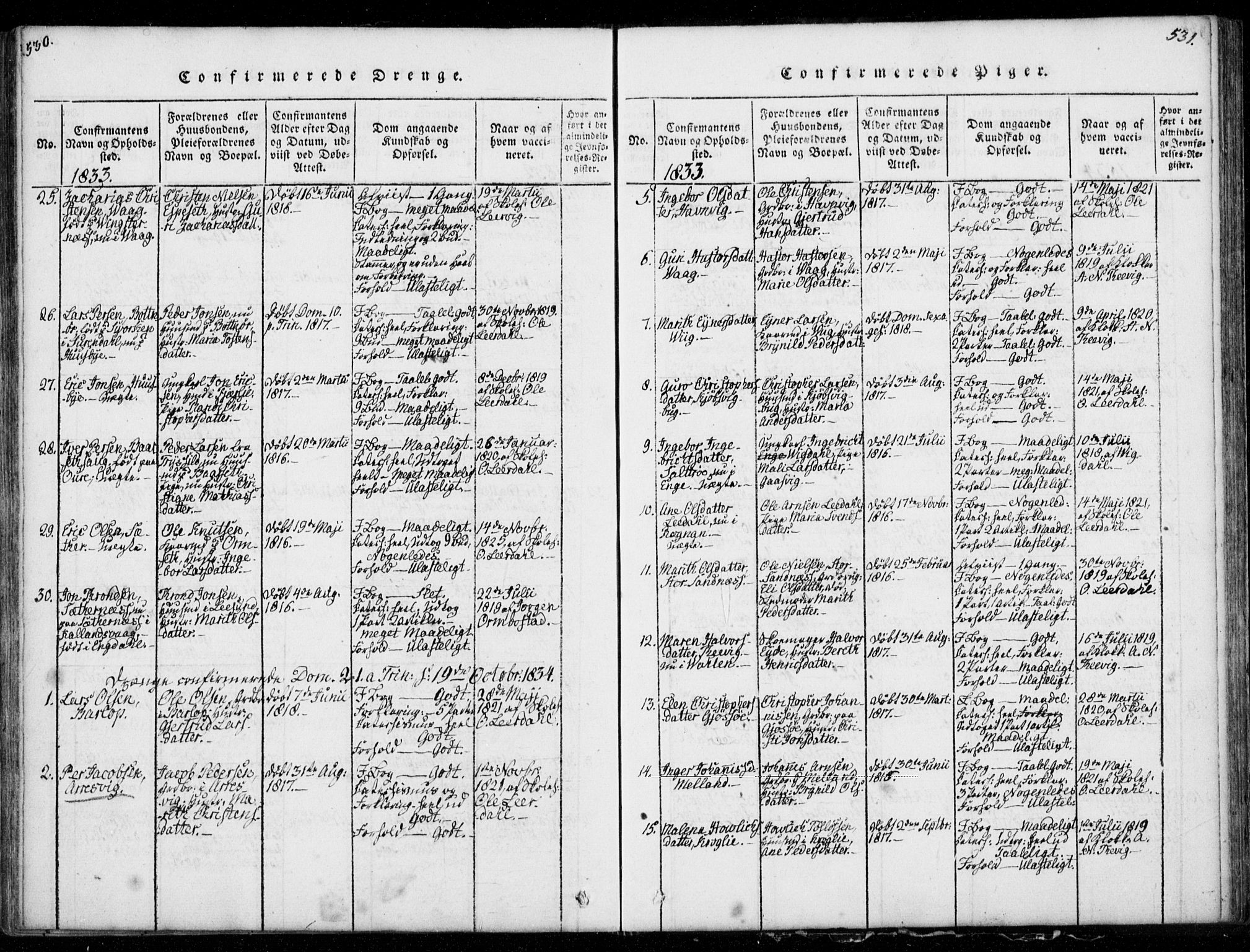 Ministerialprotokoller, klokkerbøker og fødselsregistre - Møre og Romsdal, AV/SAT-A-1454/578/L0903: Parish register (official) no. 578A02, 1819-1838, p. 530-531