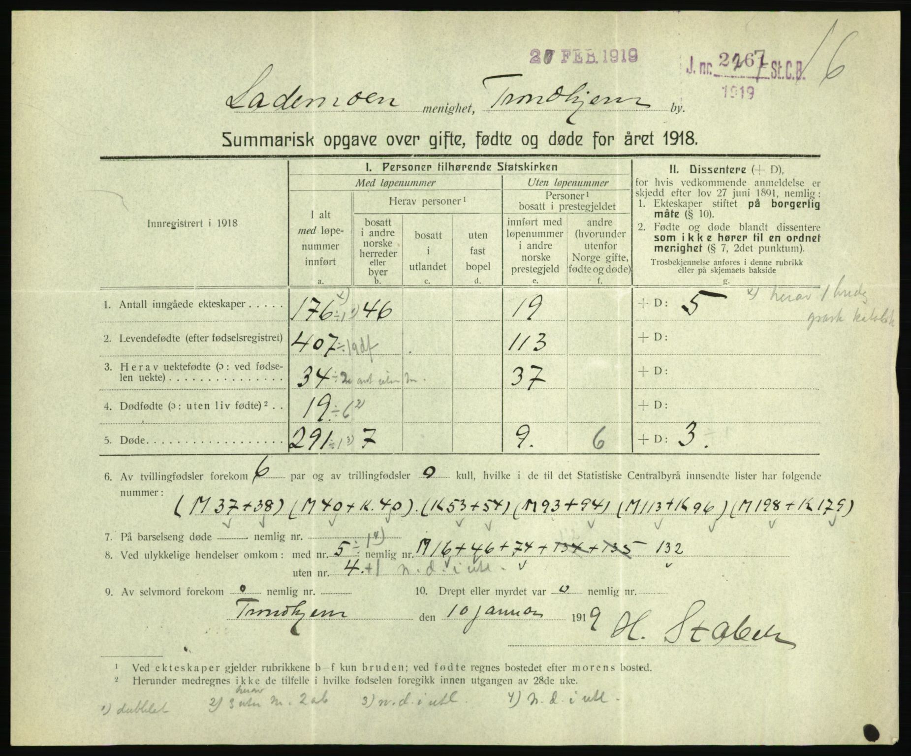 Statistisk sentralbyrå, Sosiodemografiske emner, Befolkning, AV/RA-S-2228/D/Df/Dfb/Dfbh/L0059: Summariske oppgaver over gifte, fødte og døde for hele landet., 1918, p. 1355