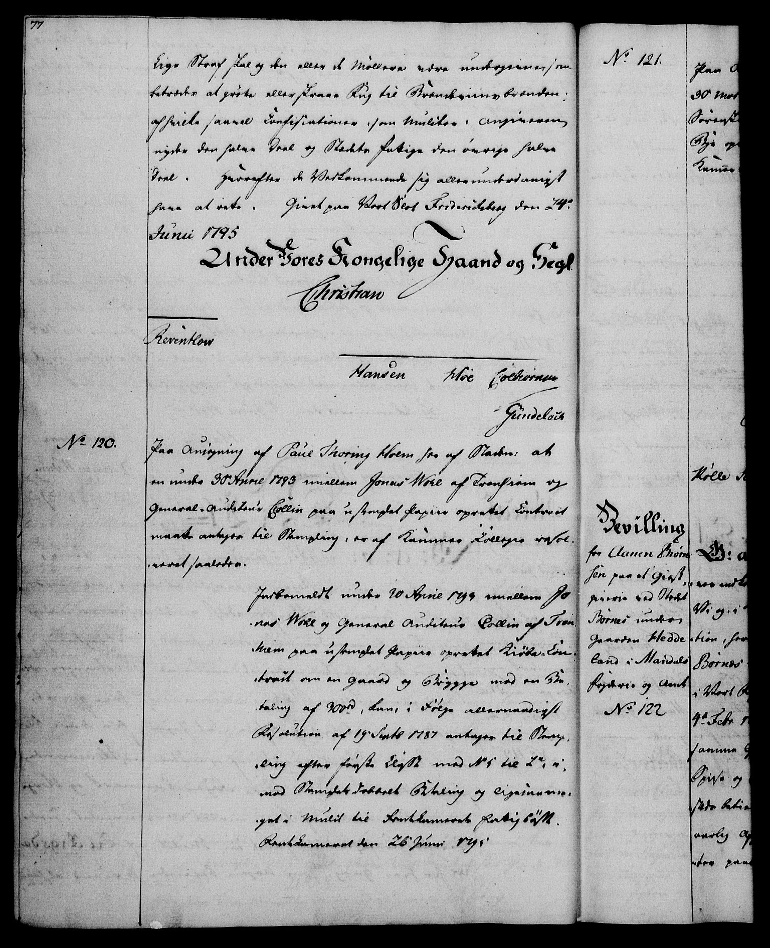 Rentekammeret, Kammerkanselliet, AV/RA-EA-3111/G/Gg/Gga/L0016: Norsk ekspedisjonsprotokoll med register (merket RK 53.16), 1794-1800, p. 77