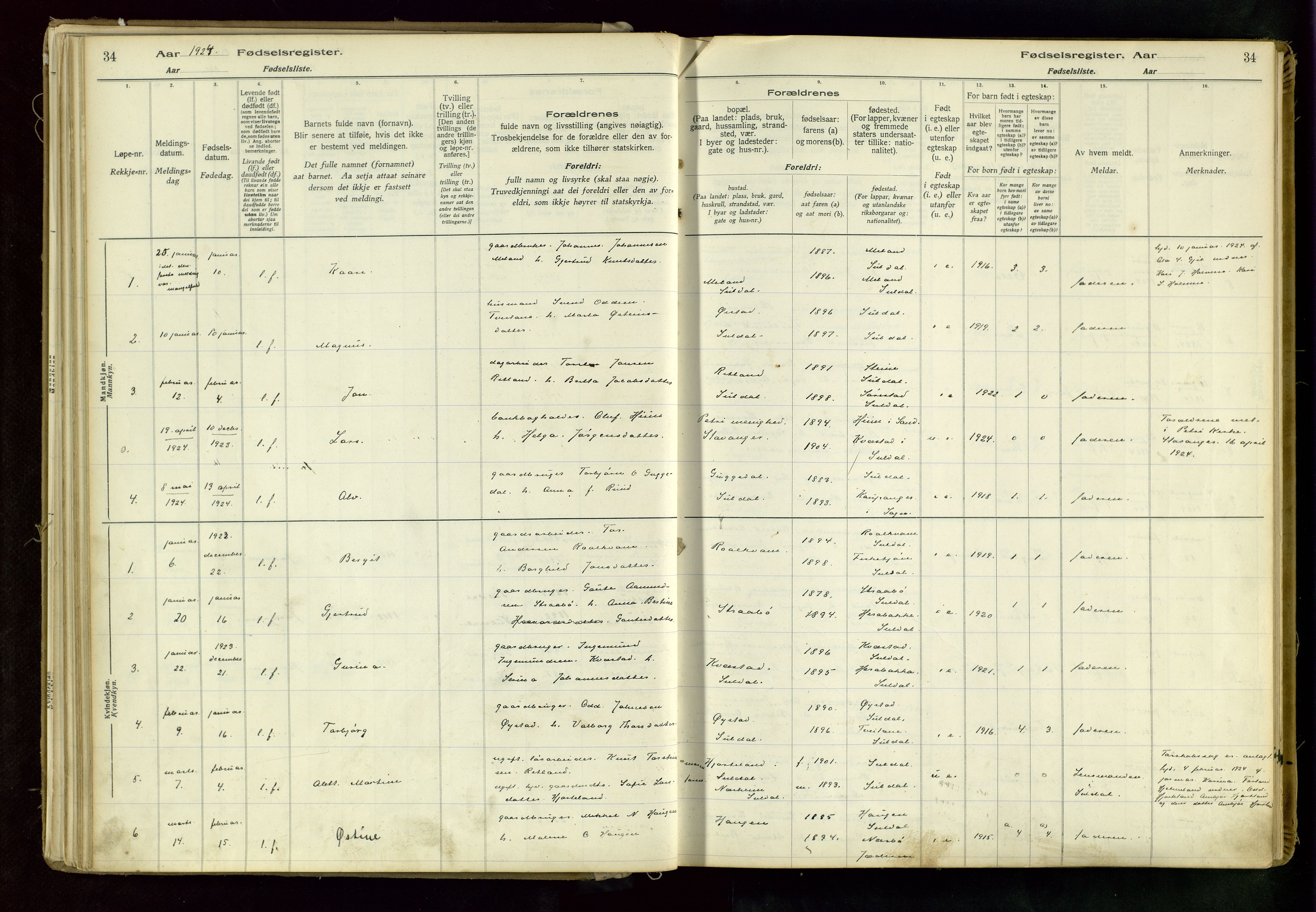 Suldal sokneprestkontor, AV/SAST-A-101845/03/A/L0002: Birth register no. 2, 1916-1982, p. 34