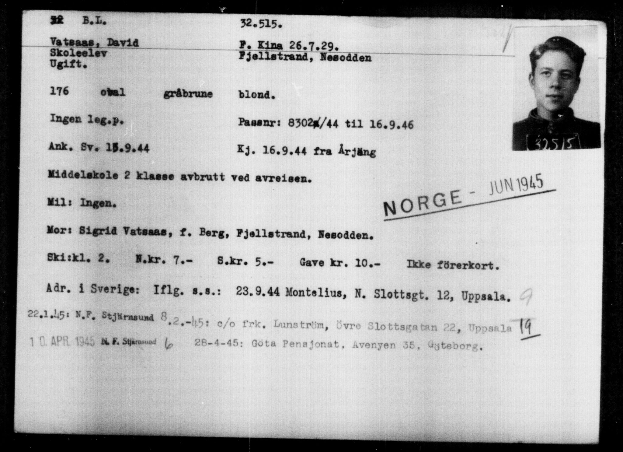 Utenriksstasjonene, Legasjonen i Stockholm, Flyktningkontoret, AV/RA-S-6753/V/Va/L0013: Kjesäterkartoteket, flyktninger med registreringsnr. 31500-34731, 1940-1945, p. 1071