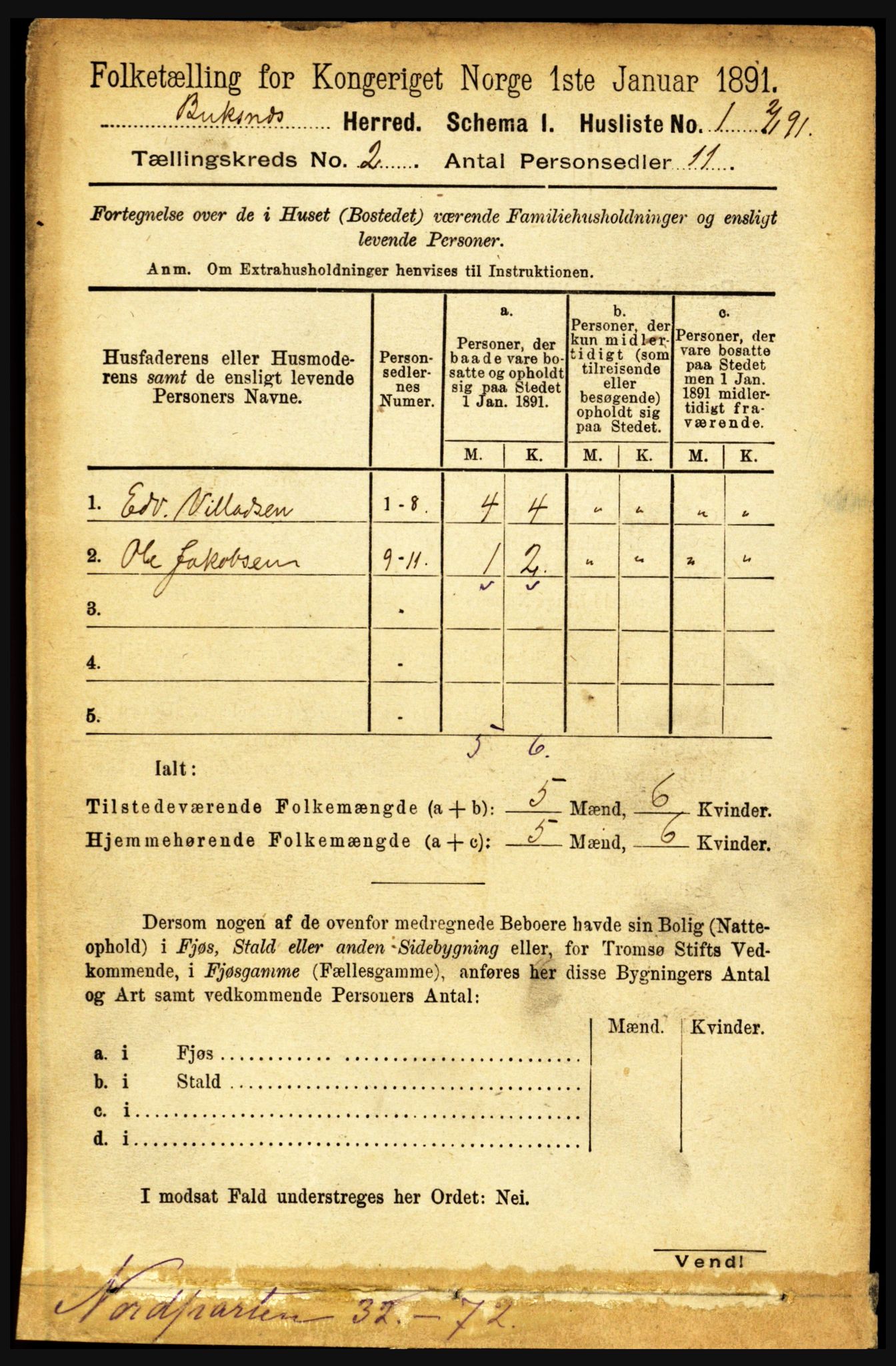 RA, 1891 census for 1860 Buksnes, 1891, p. 1521