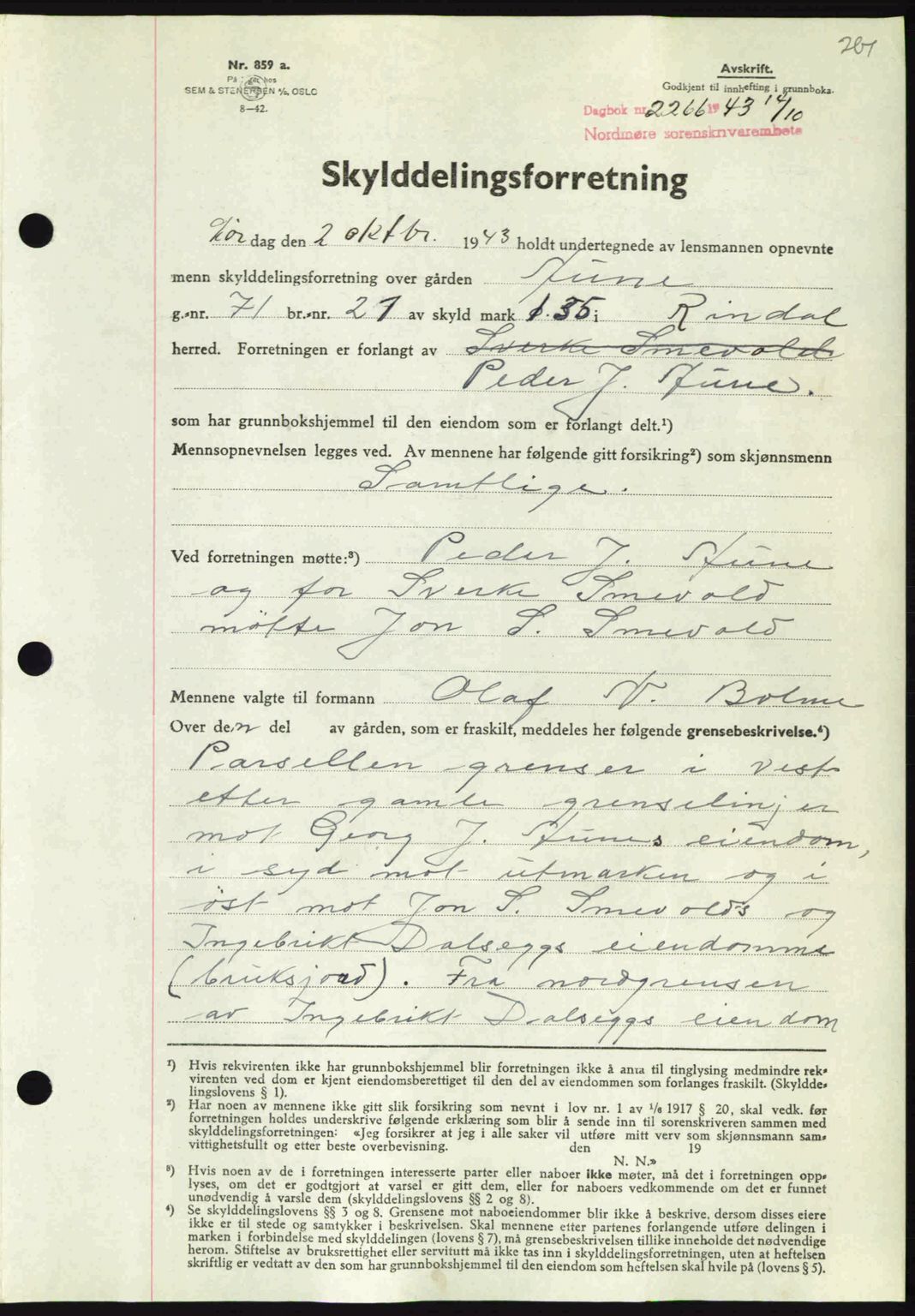 Nordmøre sorenskriveri, SAT/A-4132/1/2/2Ca: Mortgage book no. A96, 1943-1944, Diary no: : 2266/1943