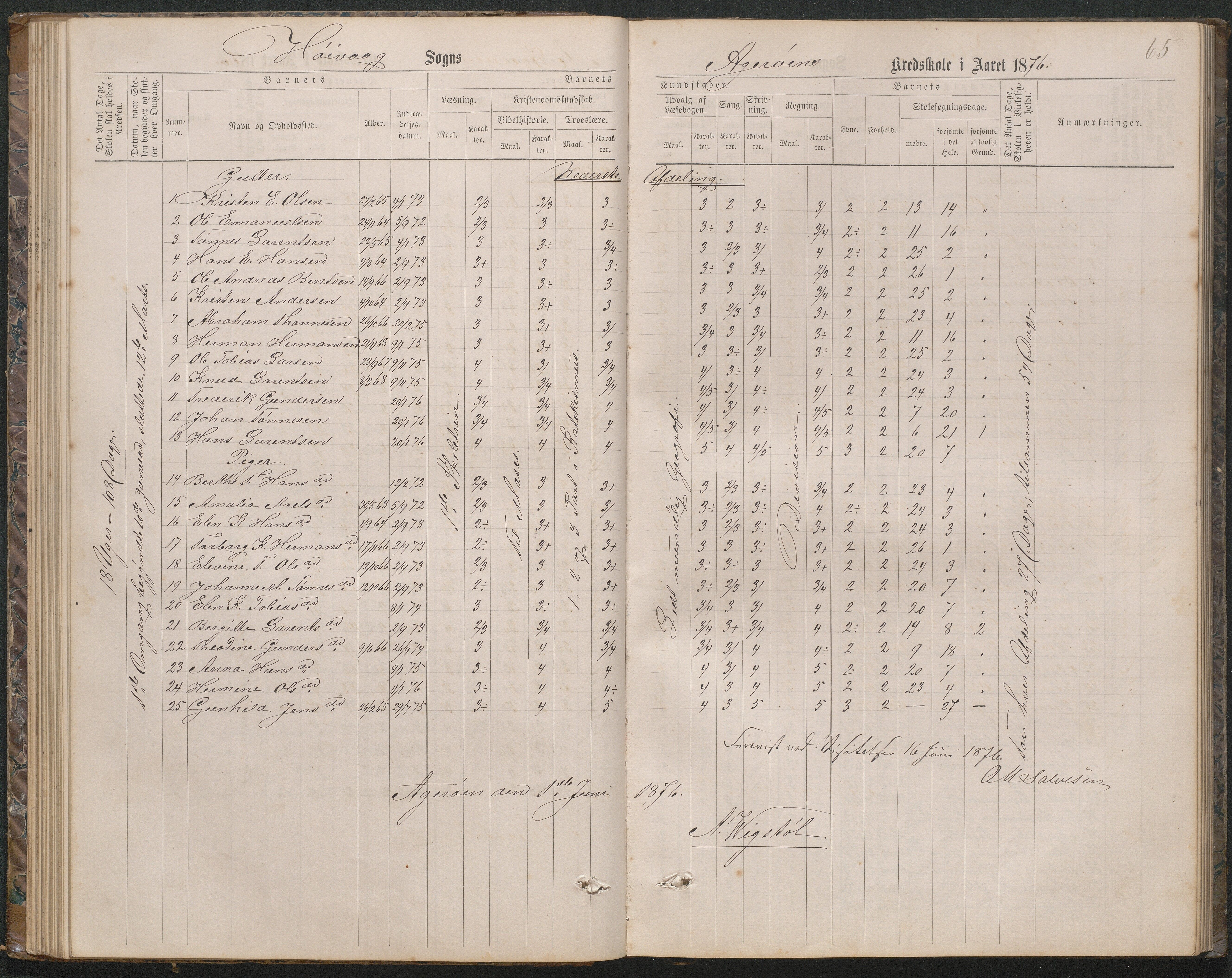 Høvåg kommune, AAKS/KA0927-PK/2/2/L0019: Åkerøy - Karakterprotokoll, 1863-1895, p. 65