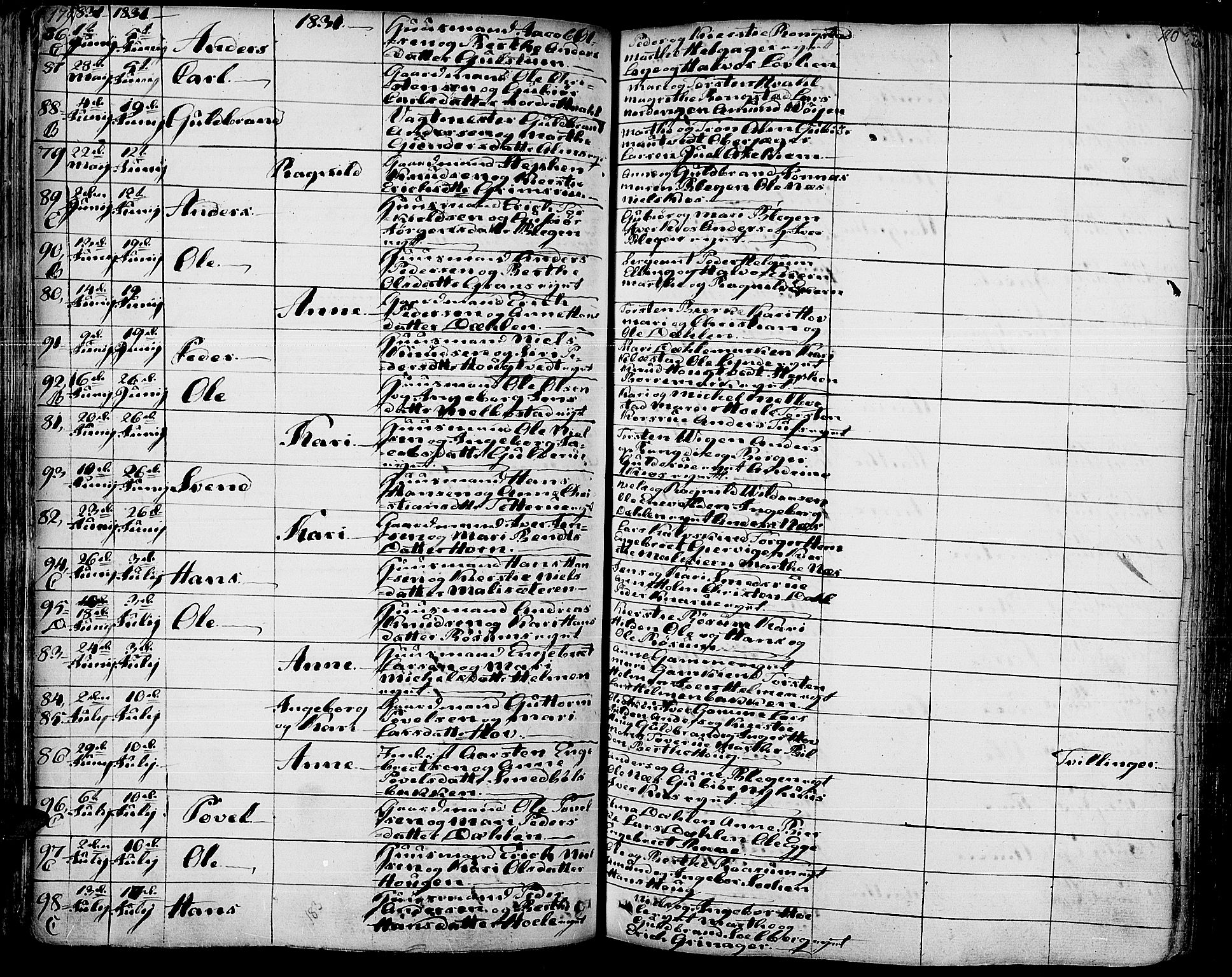 Gran prestekontor, AV/SAH-PREST-112/H/Ha/Haa/L0010: Parish register (official) no. 10, 1824-1842, p. 179-180