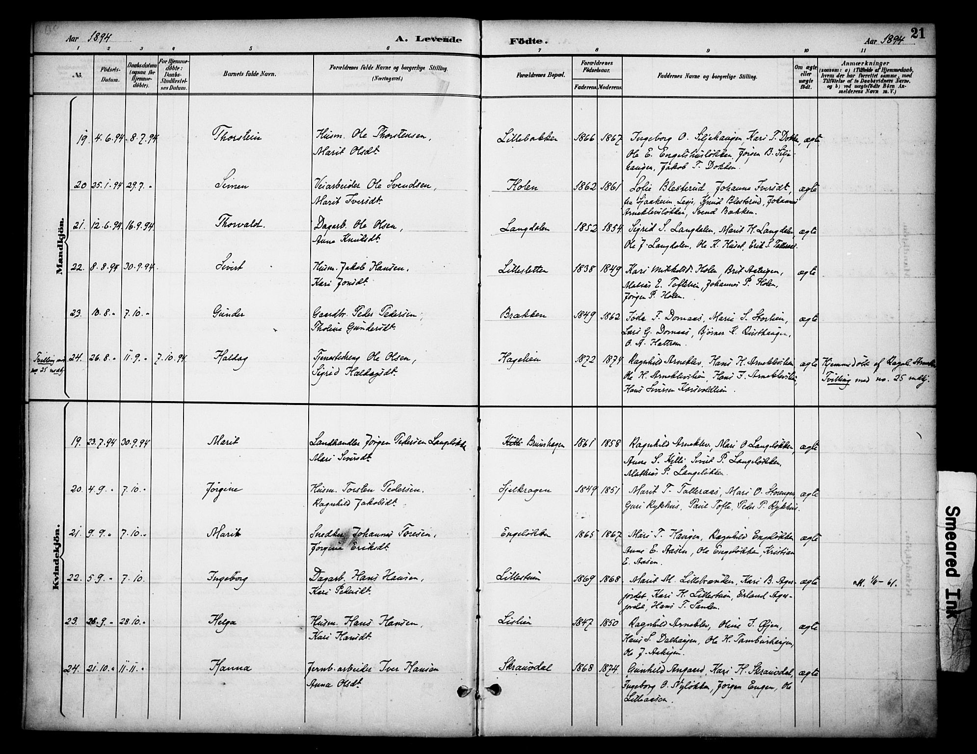 Dovre prestekontor, AV/SAH-PREST-066/H/Ha/Haa/L0003: Parish register (official) no. 3, 1891-1901, p. 21