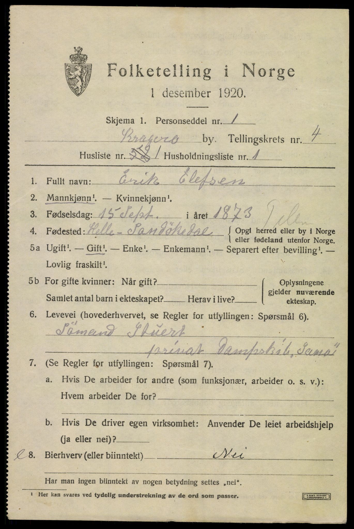 SAKO, 1920 census for Kragerø, 1920, p. 7697