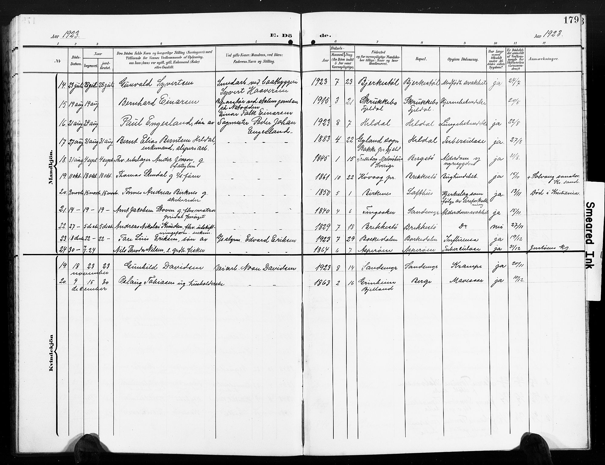 Vestre Moland sokneprestkontor, AV/SAK-1111-0046/F/Fb/Fbb/L0007: Parish register (copy) no. B 7, 1906-1929, p. 179