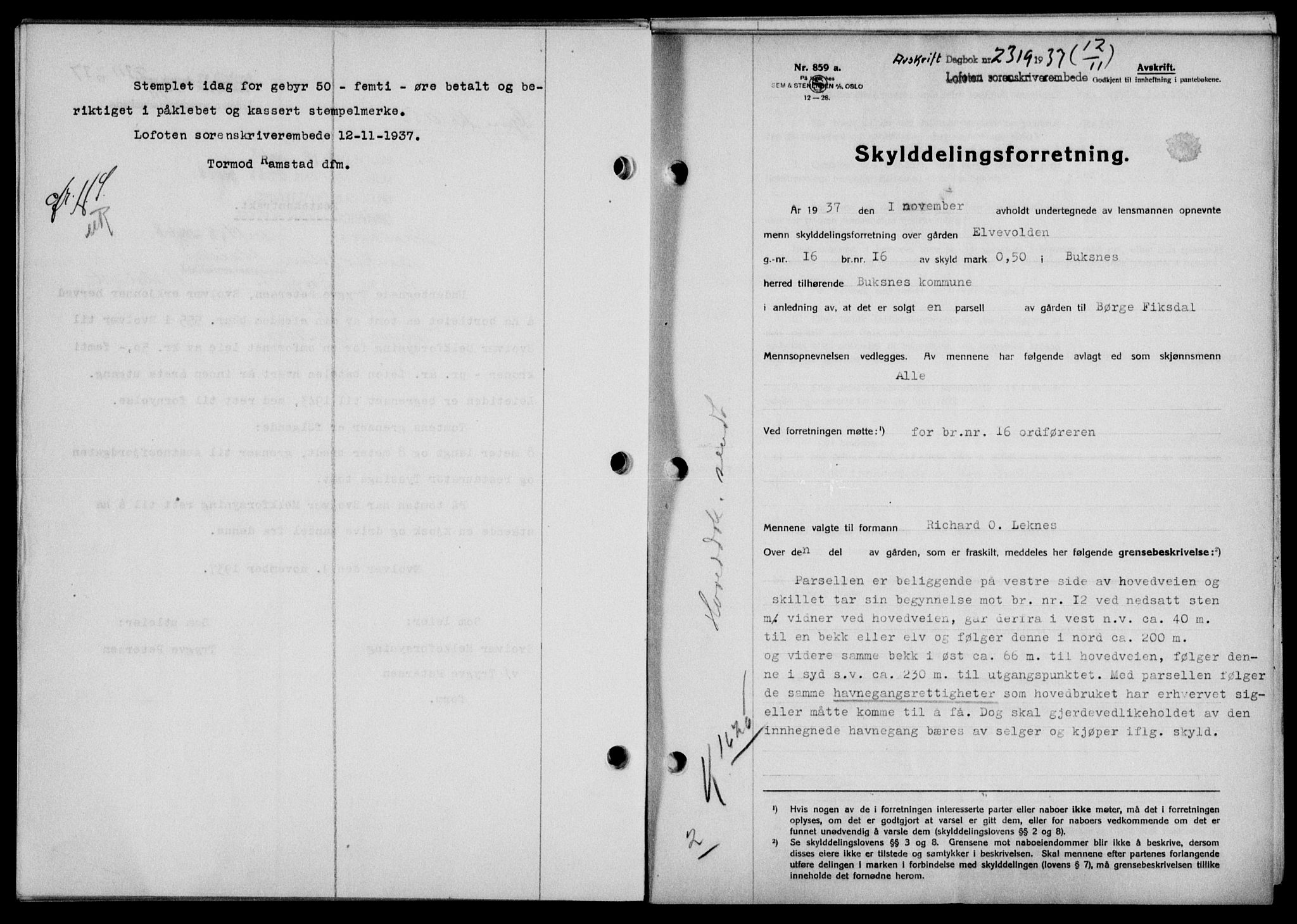 Lofoten sorenskriveri, SAT/A-0017/1/2/2C/L0003a: Mortgage book no. 3a, 1937-1938, Diary no: : 2319/1937