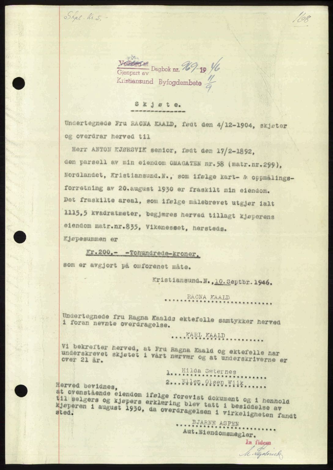 Kristiansund byfogd, AV/SAT-A-4587/A/27: Mortgage book no. 39b, 1946-1947, Diary no: : 969/1946