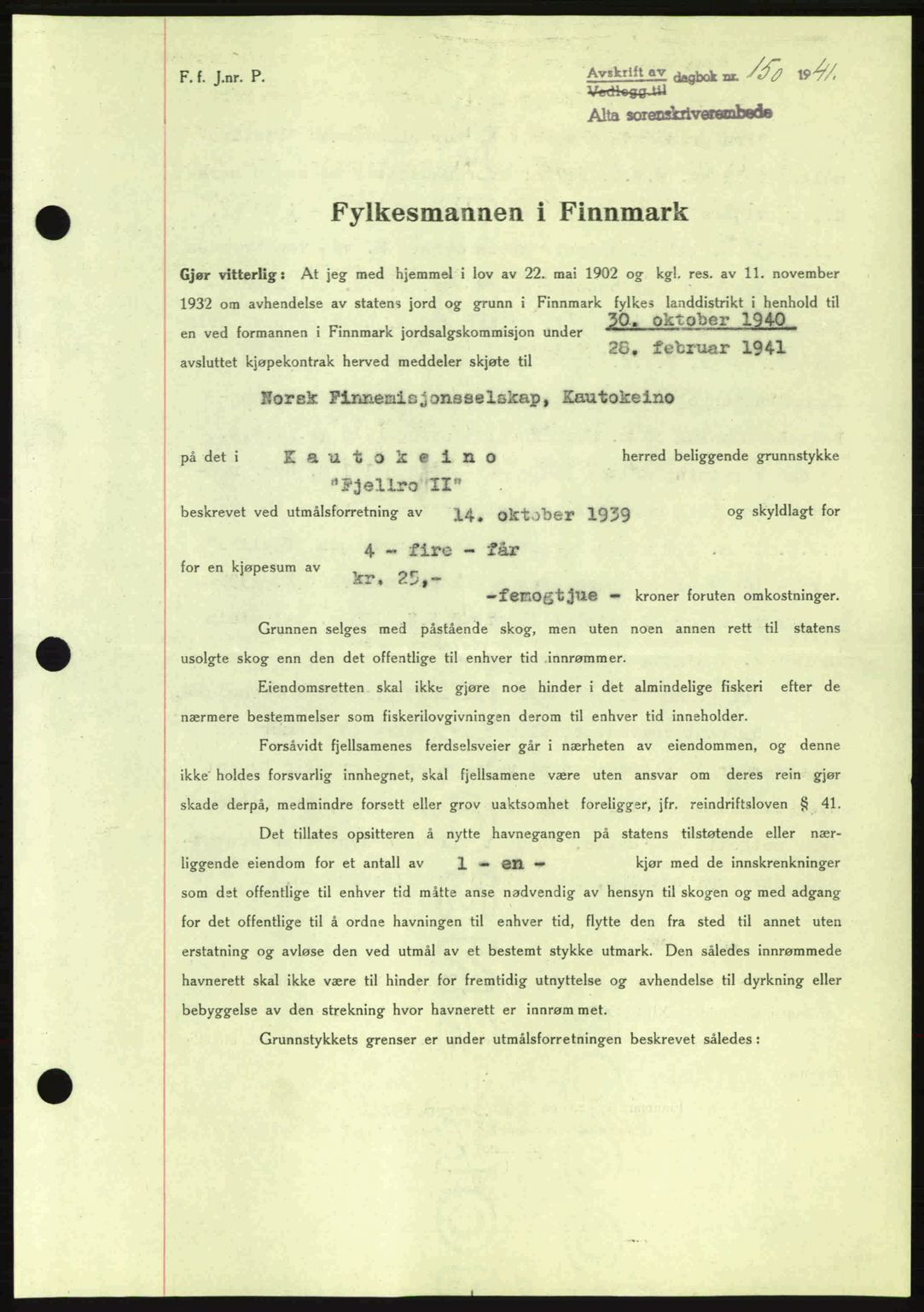 Alta fogderi/sorenskriveri, SATØ/SATØ-5/1/K/Kd/L0033pantebok: Mortgage book no. 33, 1940-1943, Diary no: : 150/1941