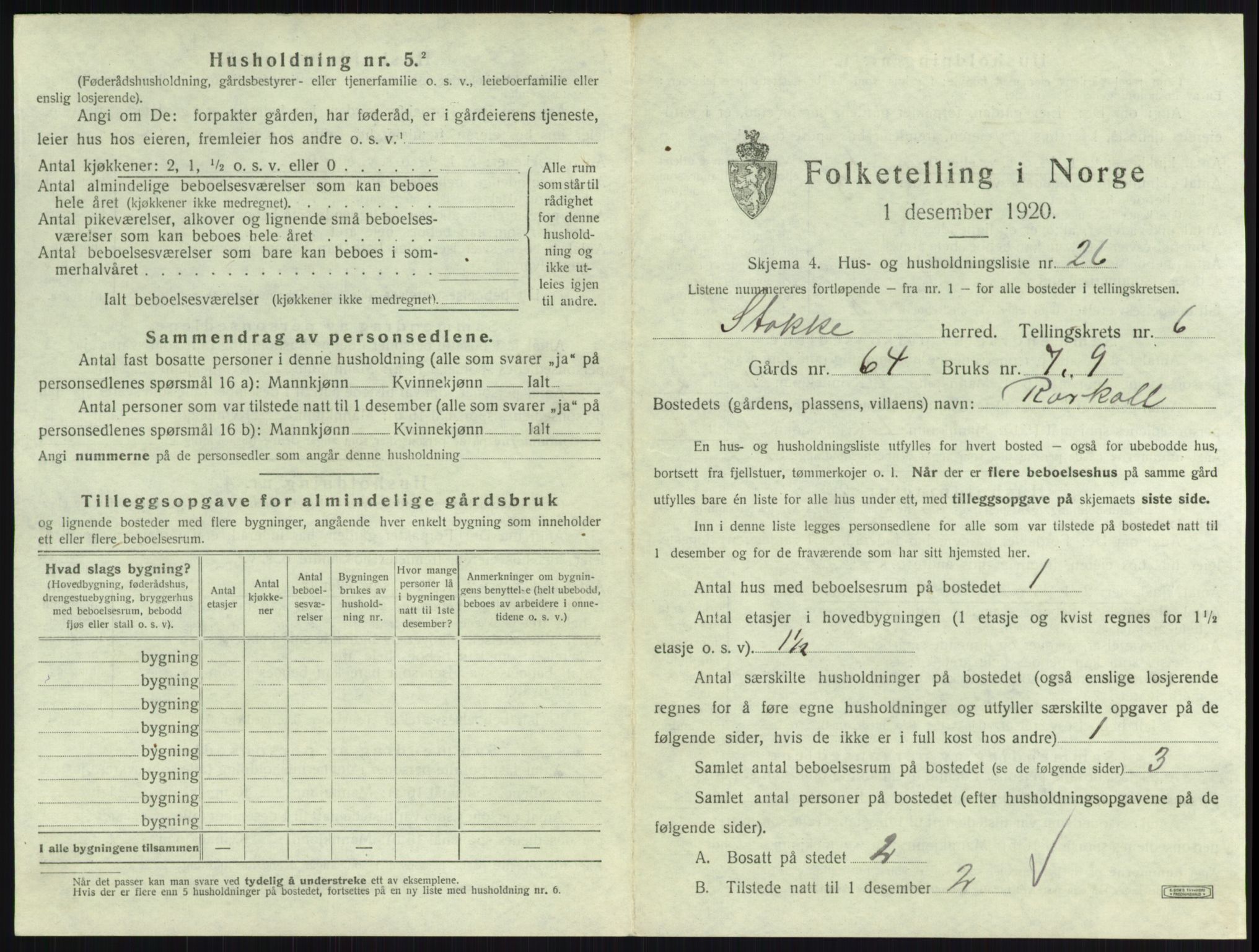 SAKO, 1920 census for Stokke, 1920, p. 1150