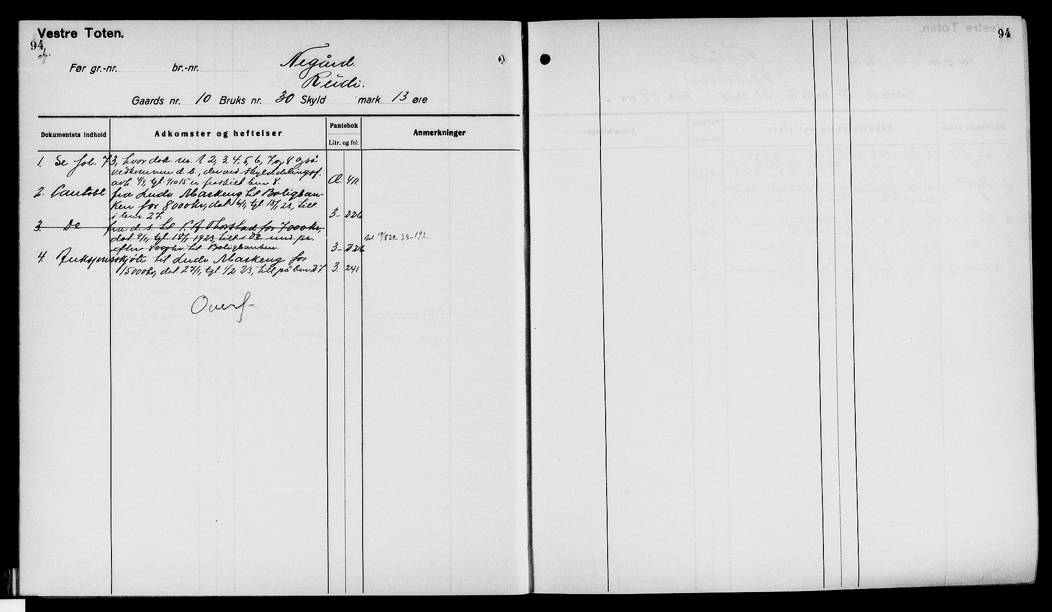 Toten tingrett, AV/SAH-TING-006/H/Ha/Haa/L0040: Mortgage register no. 40, 1925, p. 94