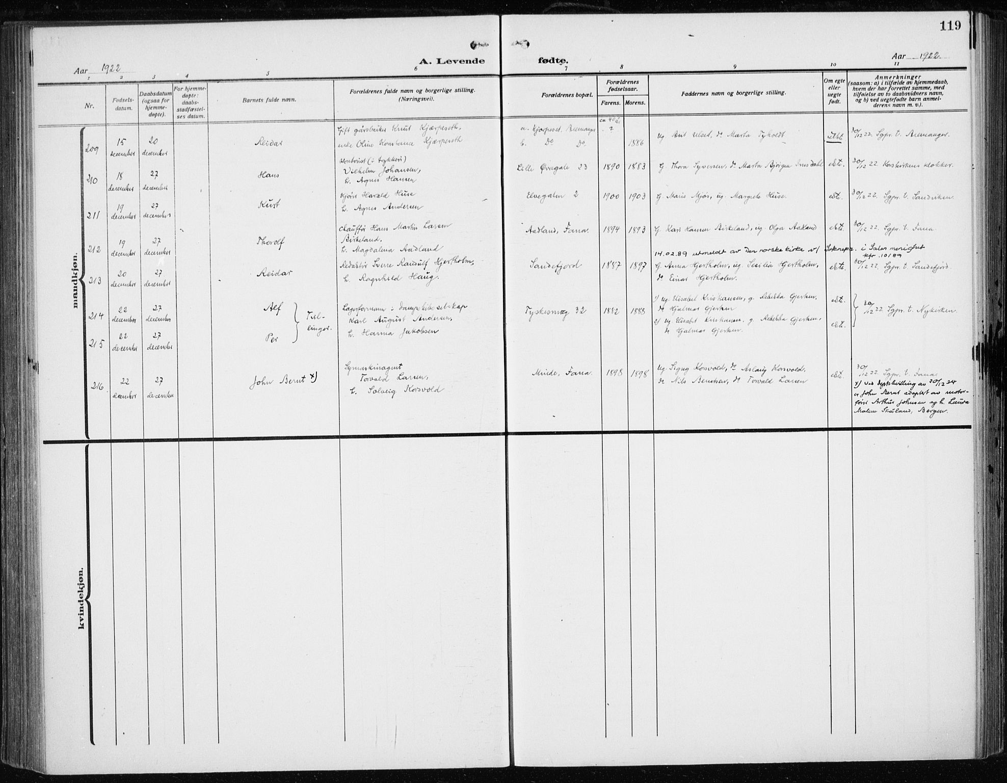 Fødselsstiftelsens sokneprestembete*, SAB/-: Parish register (official) no. A 5, 1918-1926, p. 119