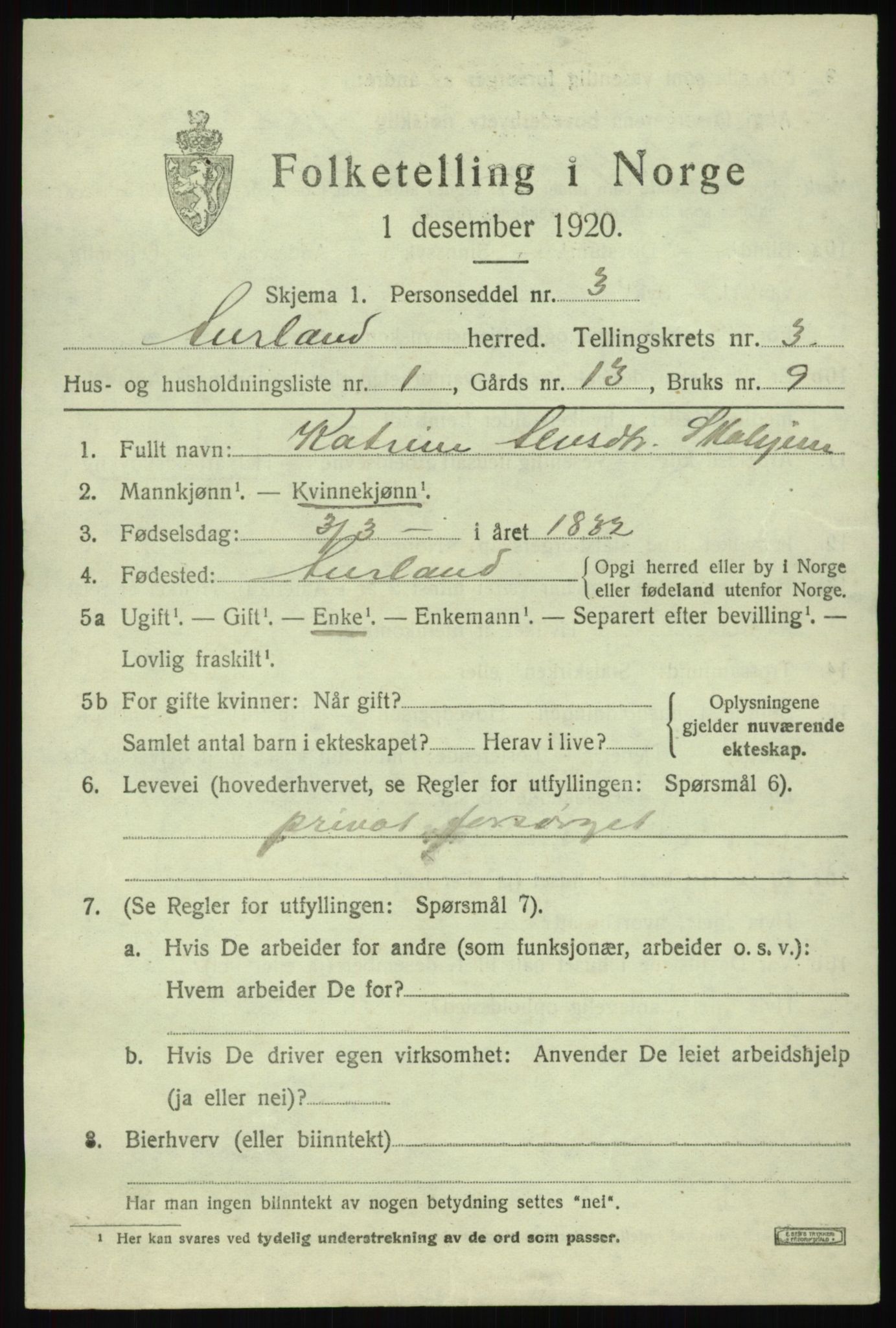 SAB, 1920 census for Aurland, 1920, p. 2148