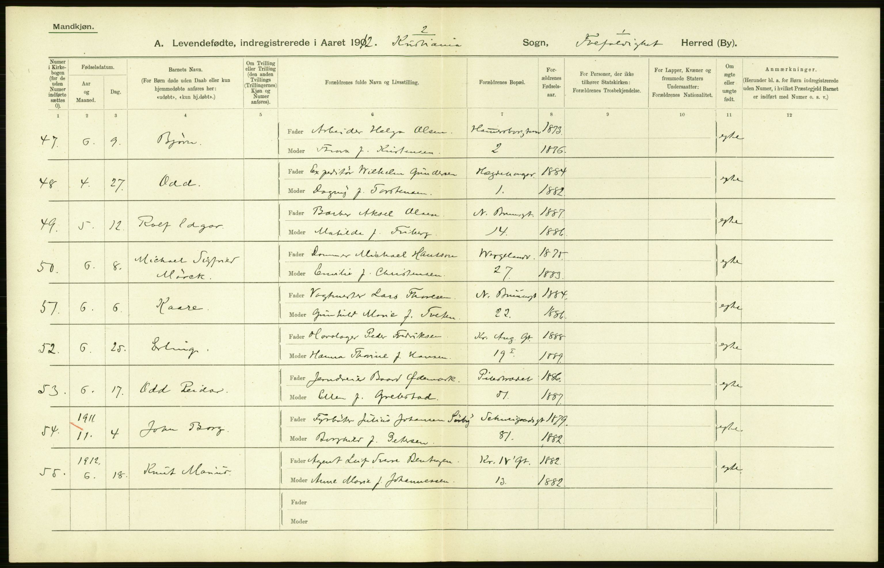 Statistisk sentralbyrå, Sosiodemografiske emner, Befolkning, RA/S-2228/D/Df/Dfb/Dfbb/L0007: Kristiania:  Levendefødte menn og kvinner., 1912, p. 704