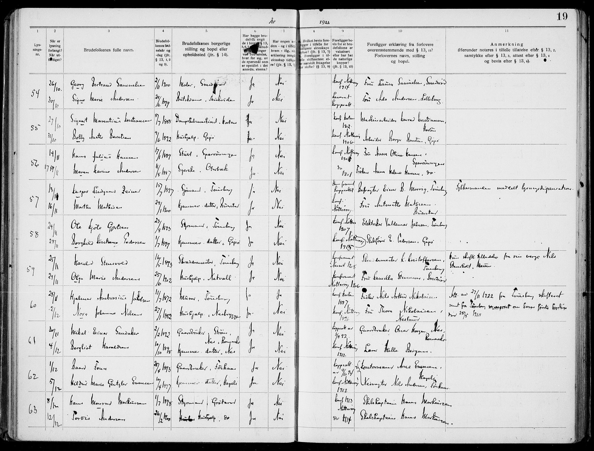 Nøtterøy kirkebøker, AV/SAKO-A-354/H/Ha/L0001: Banns register no. 1, 1919-1937, p. 19