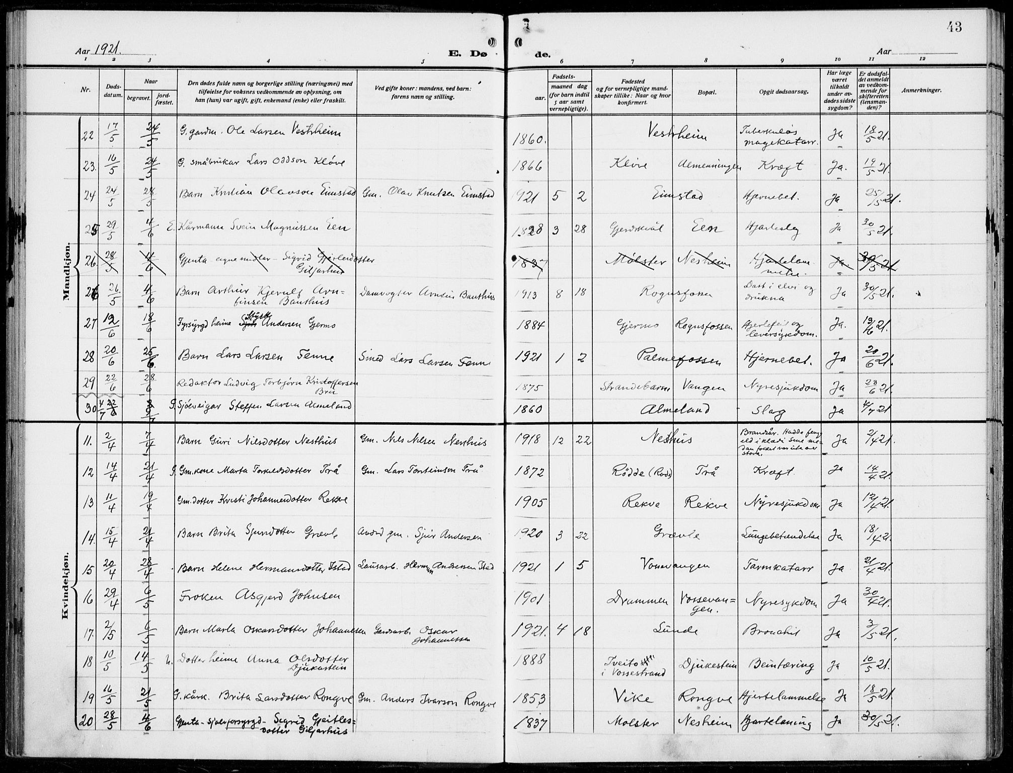 Voss sokneprestembete, AV/SAB-A-79001/H/Haa: Parish register (official) no. D  2, 1910-1932, p. 43