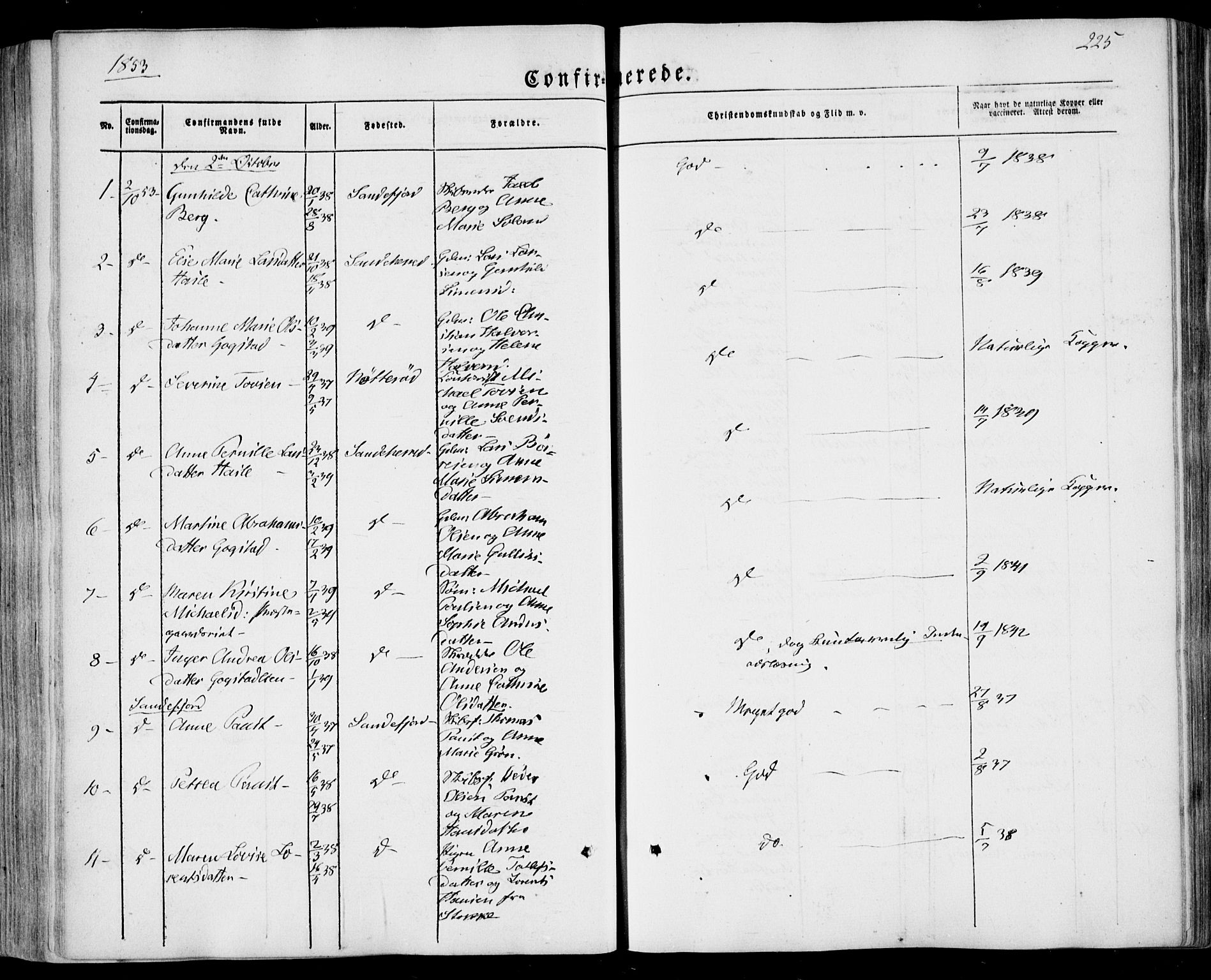 Sandar kirkebøker, AV/SAKO-A-243/F/Fa/L0006: Parish register (official) no. 6, 1847-1860, p. 225