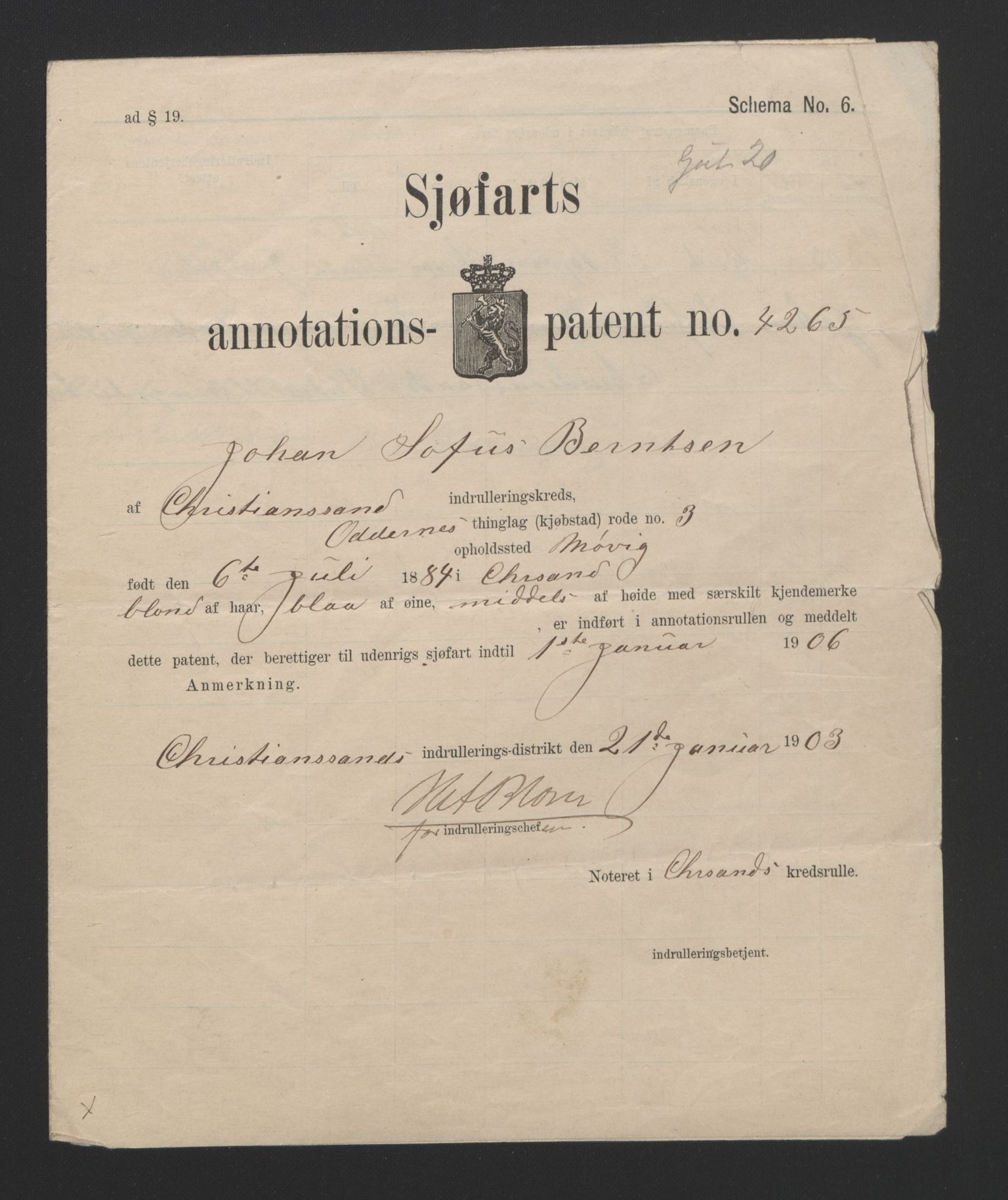 Kristiansand mønstringskrets, SAK/2031-0015/F/Fa/L0007: Annotasjonsrulle nr 3831-6645, I-5, 1898-1920, p. 142