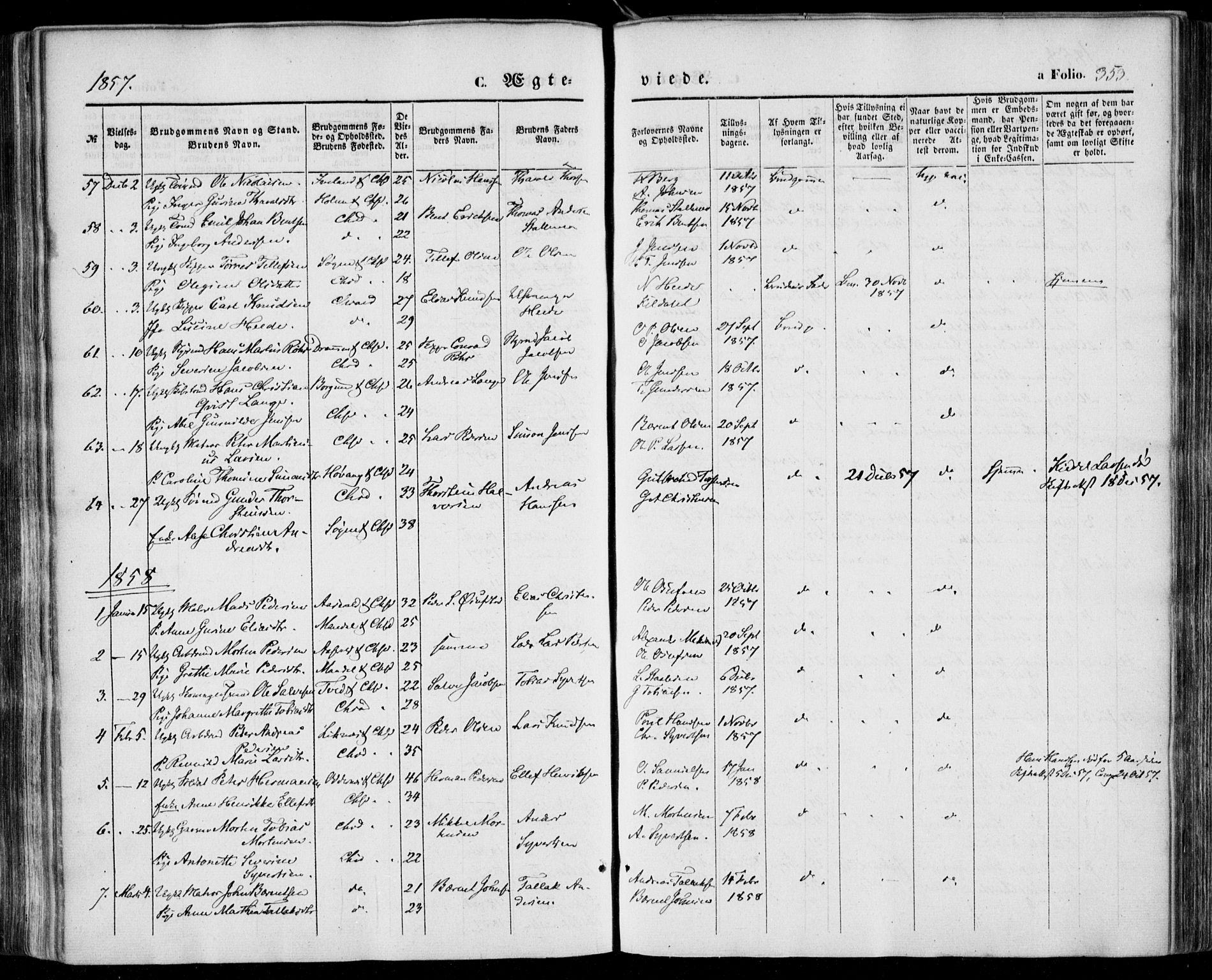 Kristiansand domprosti, SAK/1112-0006/F/Fa/L0014: Parish register (official) no. A 14, 1852-1867, p. 353
