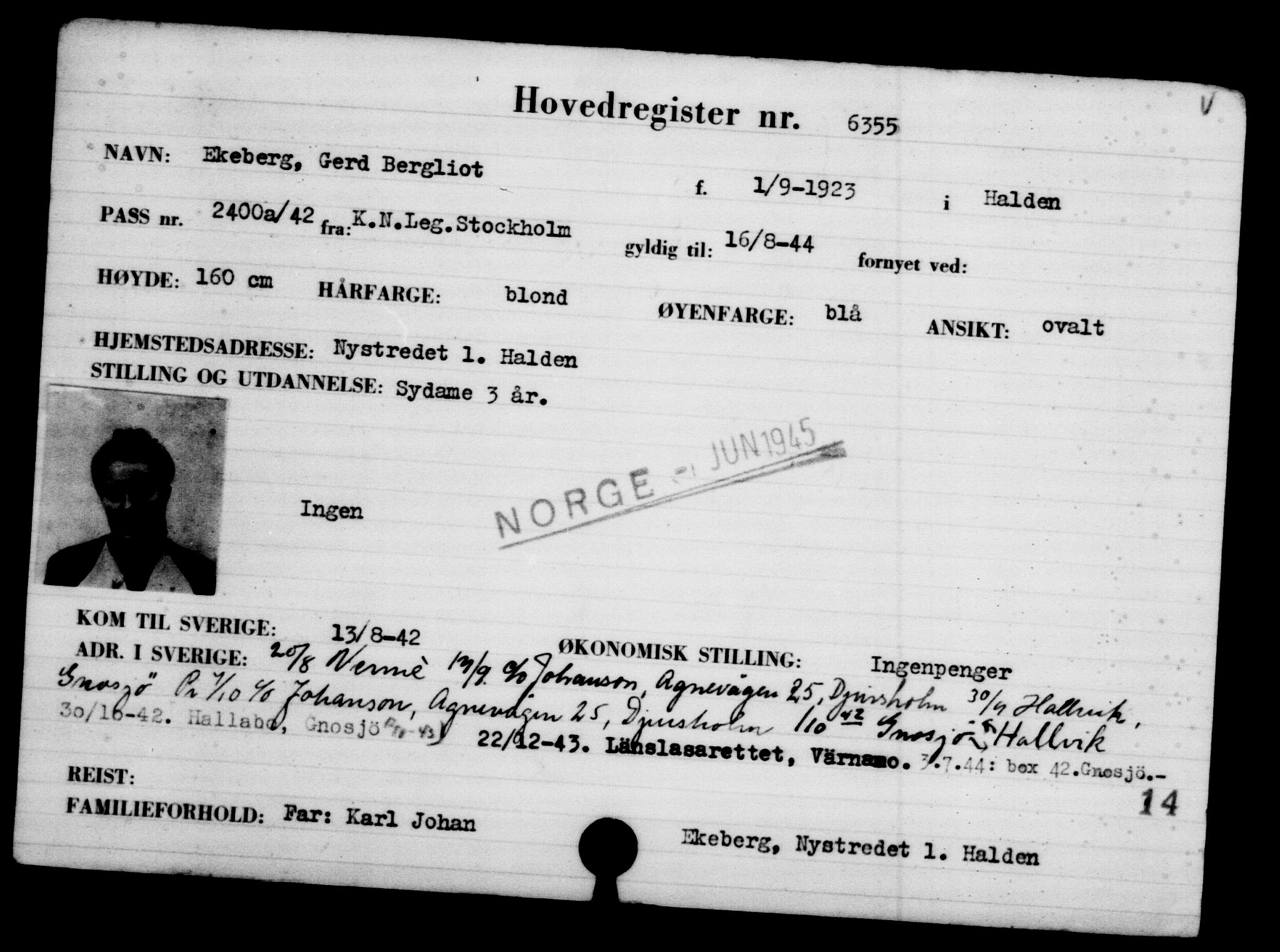Utenriksstasjonene, Legasjonen i Stockholm, Flyktningkontoret, AV/RA-S-6753/V/Va/L0004: Kjesäterkartoteket, flyktninger med registreringsnr. 3496-6610, 1940-1945, p. 3384