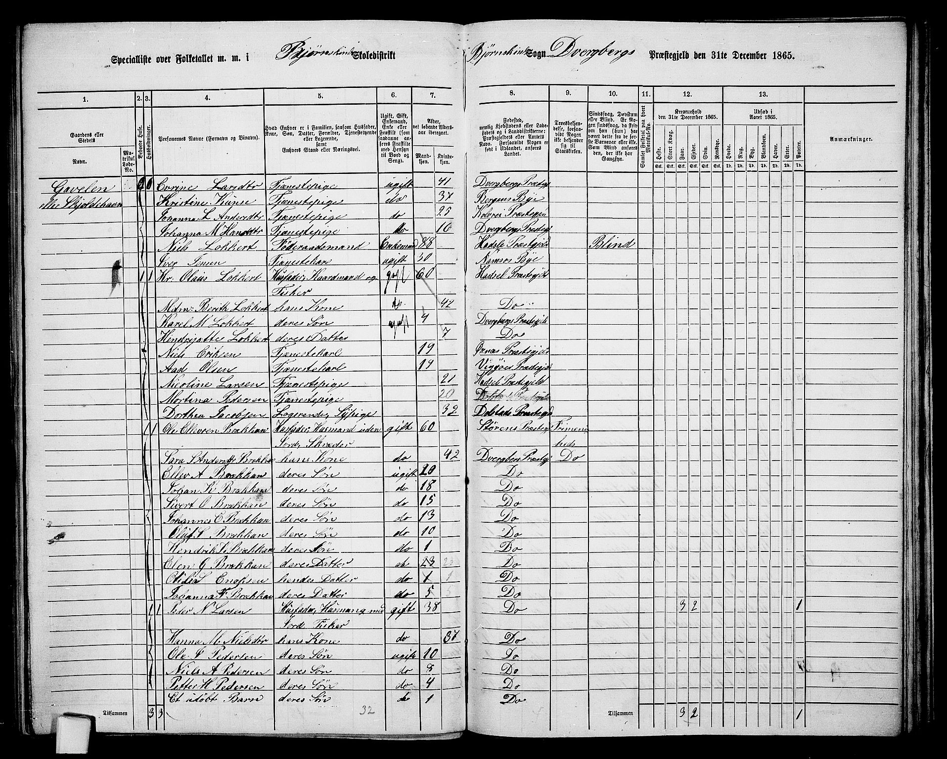 RA, 1865 census for Dverberg, 1865, p. 43