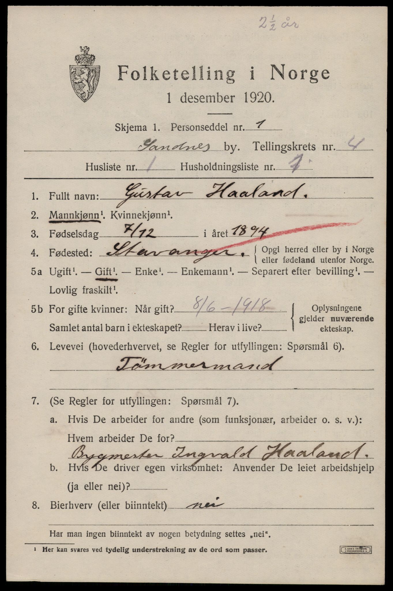 SAST, 1920 census for Sandnes, 1920, p. 4208