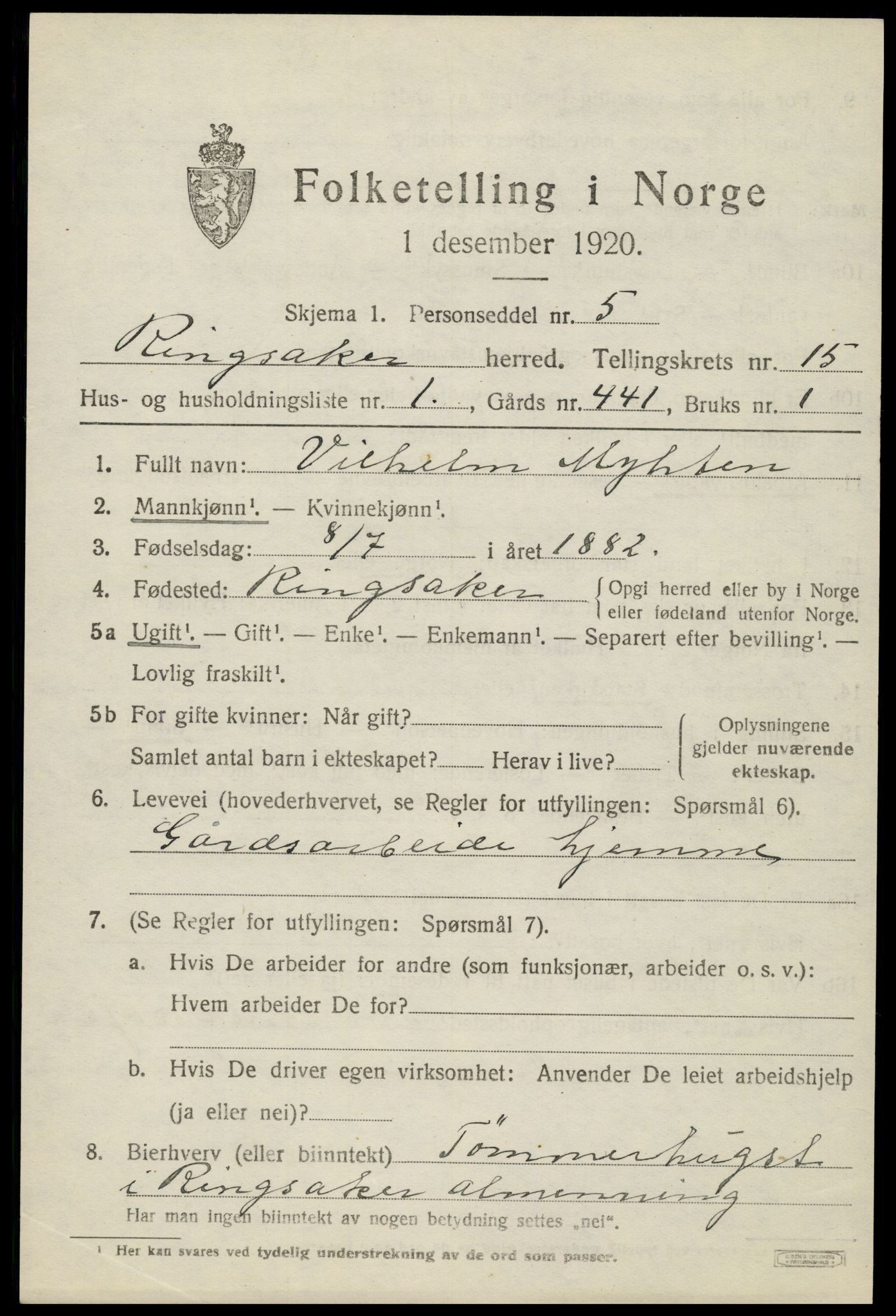 SAH, 1920 census for Ringsaker, 1920, p. 21862