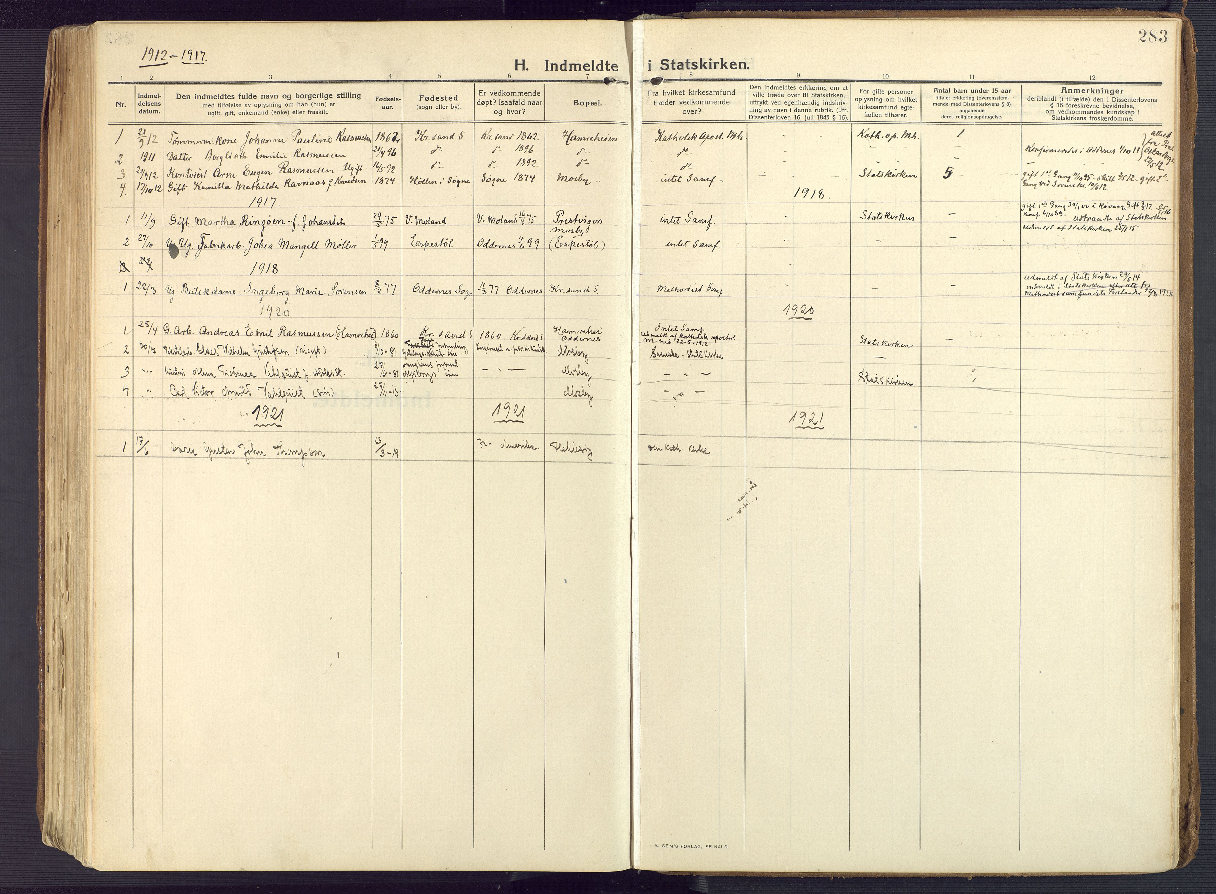 Oddernes sokneprestkontor, AV/SAK-1111-0033/F/Fa/Faa/L0012: Parish register (official) no. A 12, 1912-1925, p. 283