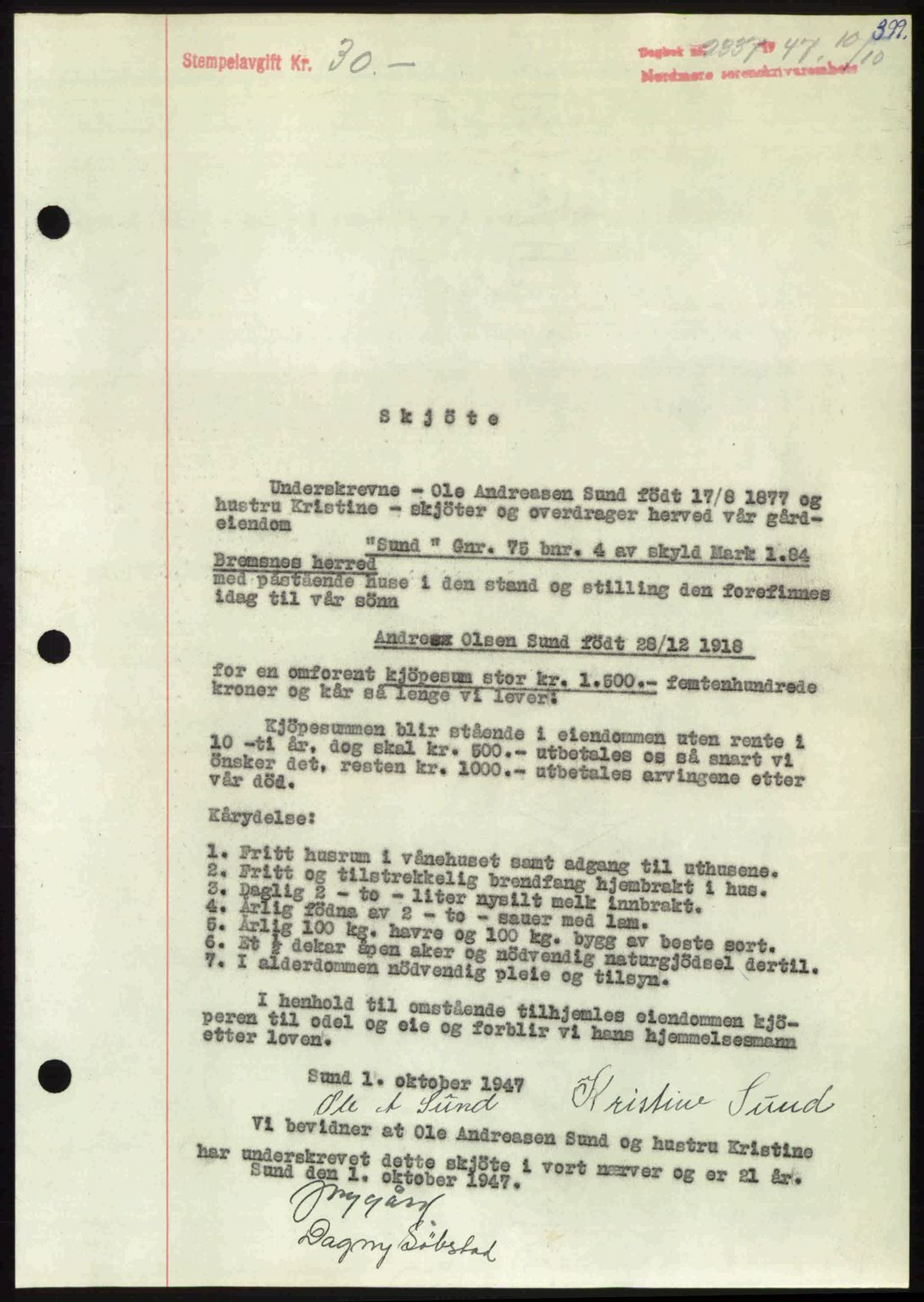 Nordmøre sorenskriveri, AV/SAT-A-4132/1/2/2Ca: Mortgage book no. A106, 1947-1947, Diary no: : 2337/1947