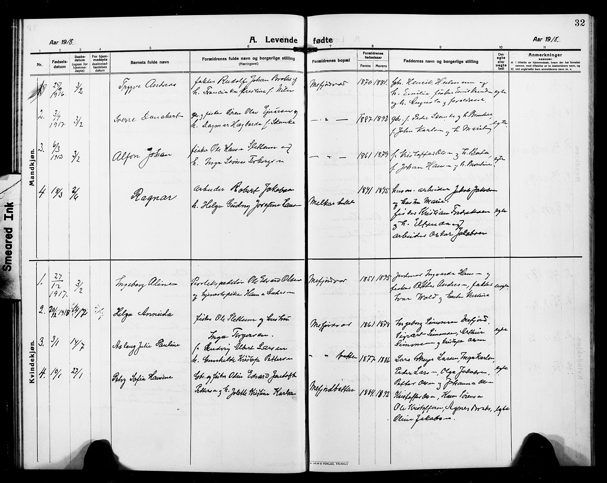 Berg sokneprestkontor, SATØ/S-1318/G/Ga/Gab/L0006klokker: Parish register (copy) no. 6, 1912-1921, p. 32