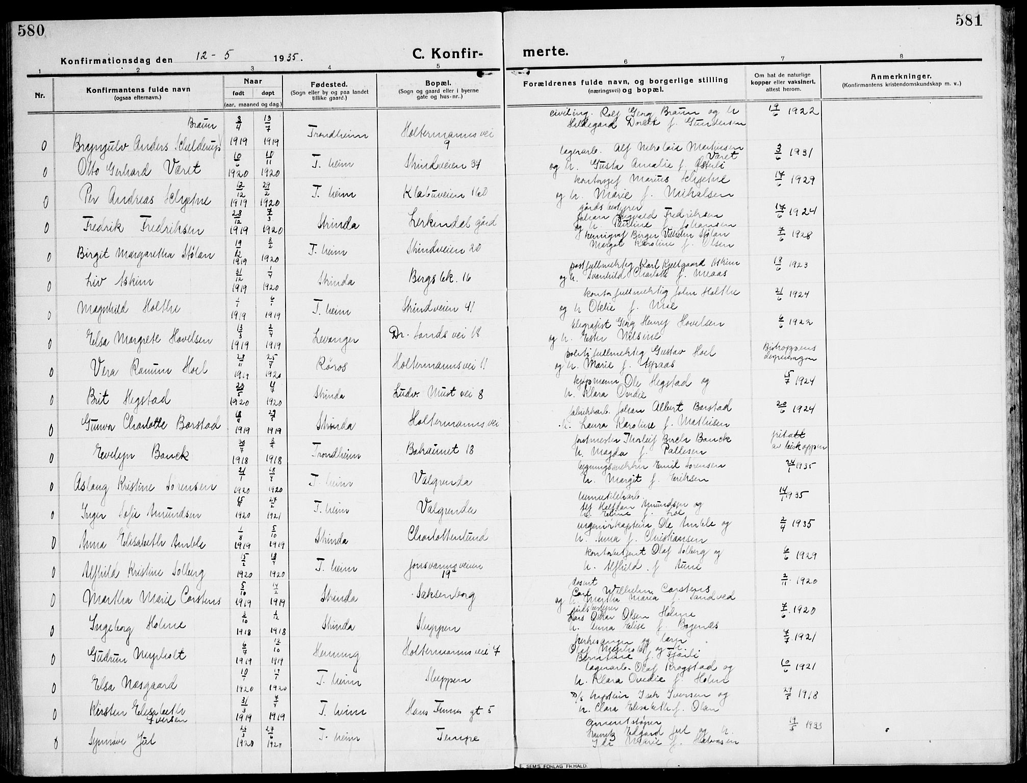 Ministerialprotokoller, klokkerbøker og fødselsregistre - Sør-Trøndelag, SAT/A-1456/607/L0321: Parish register (official) no. 607A05, 1916-1935, p. 580-581