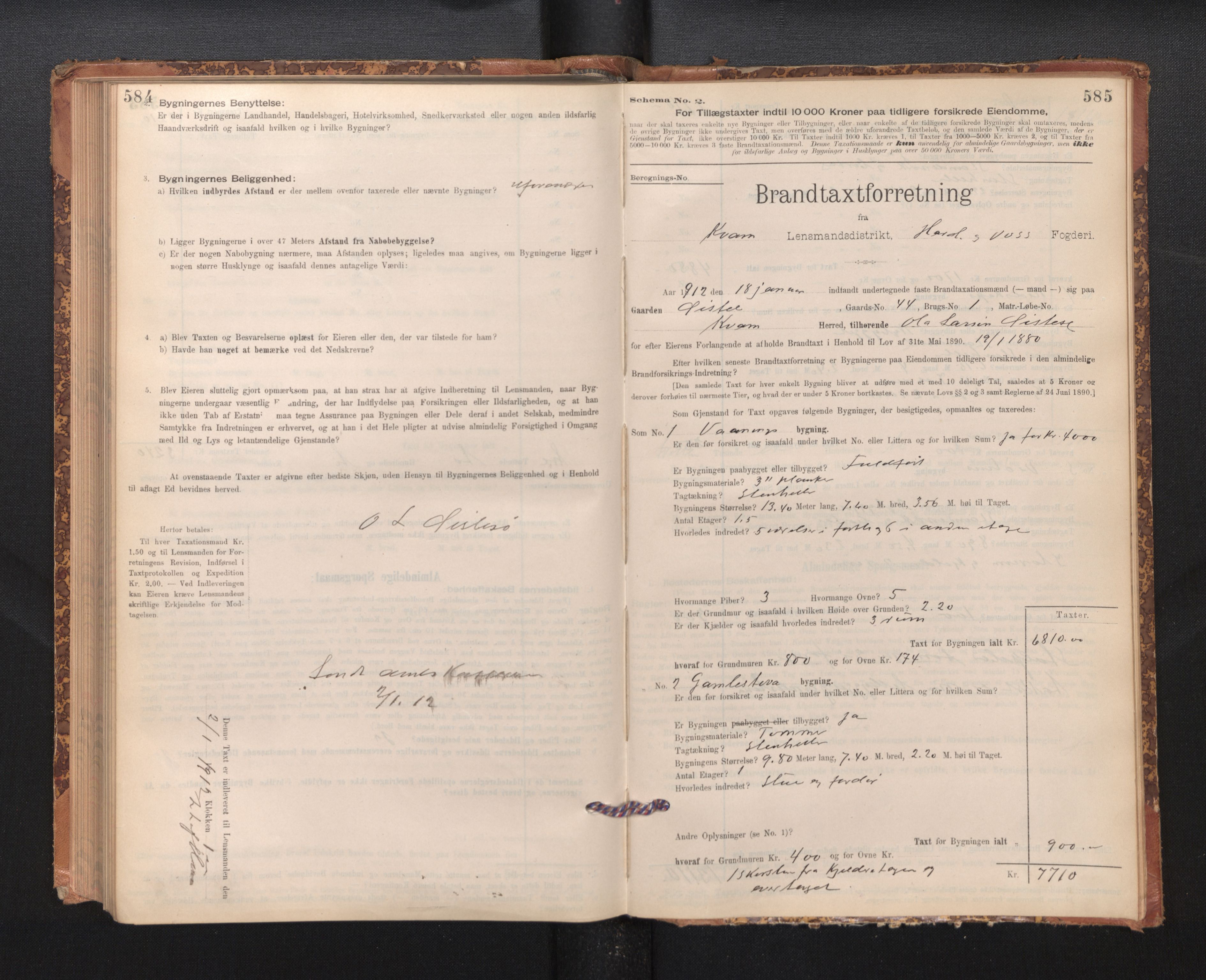 Lensmannen i Kvam, SAB/A-33201/0012/L0005: Branntakstprotokoll, skjematakst, 1894-1913, p. 584-585