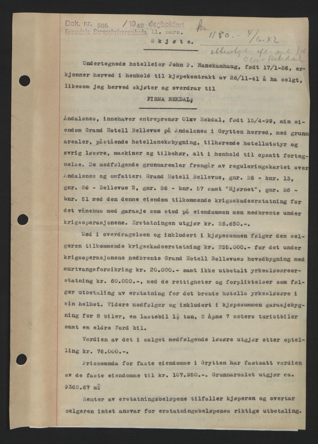 Romsdal sorenskriveri, AV/SAT-A-4149/1/2/2C: Mortgage book no. A12, 1942-1942, Diary no: : 505/1942