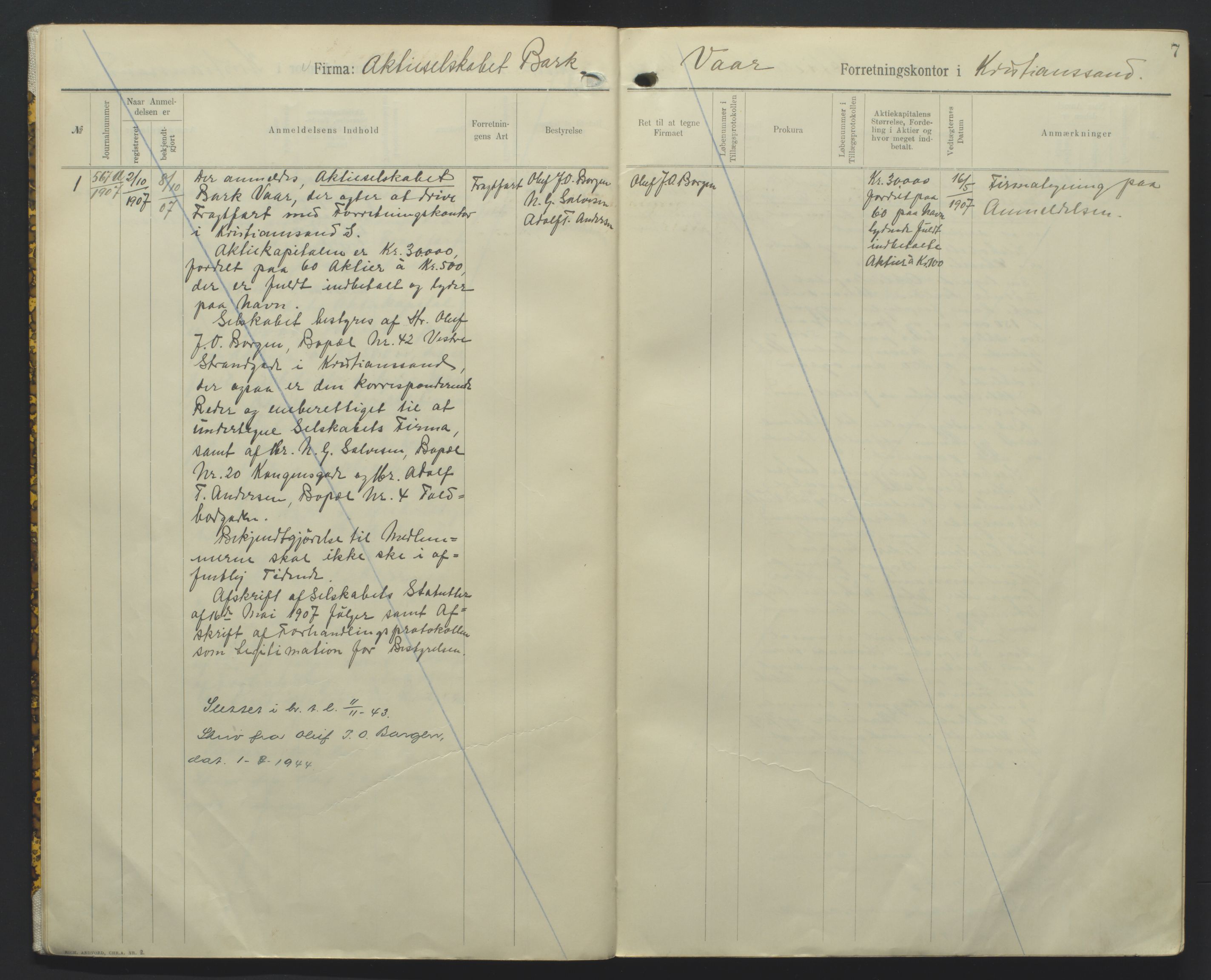 Kristiansand byrett, AV/SAK-1223-0001/K/Kb/L0010: Handelsregister B III, 1907-1915, p. 7