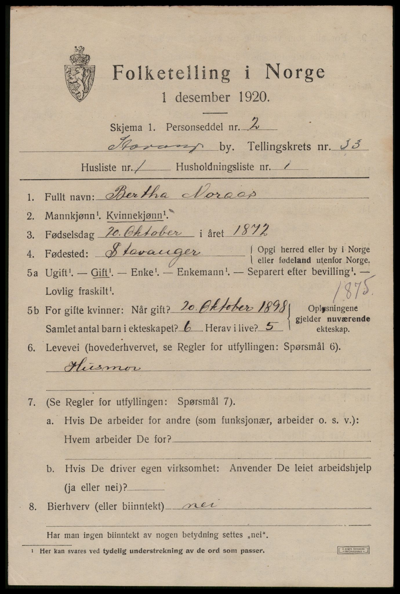 SAST, 1920 census for Stavanger, 1920, p. 90702