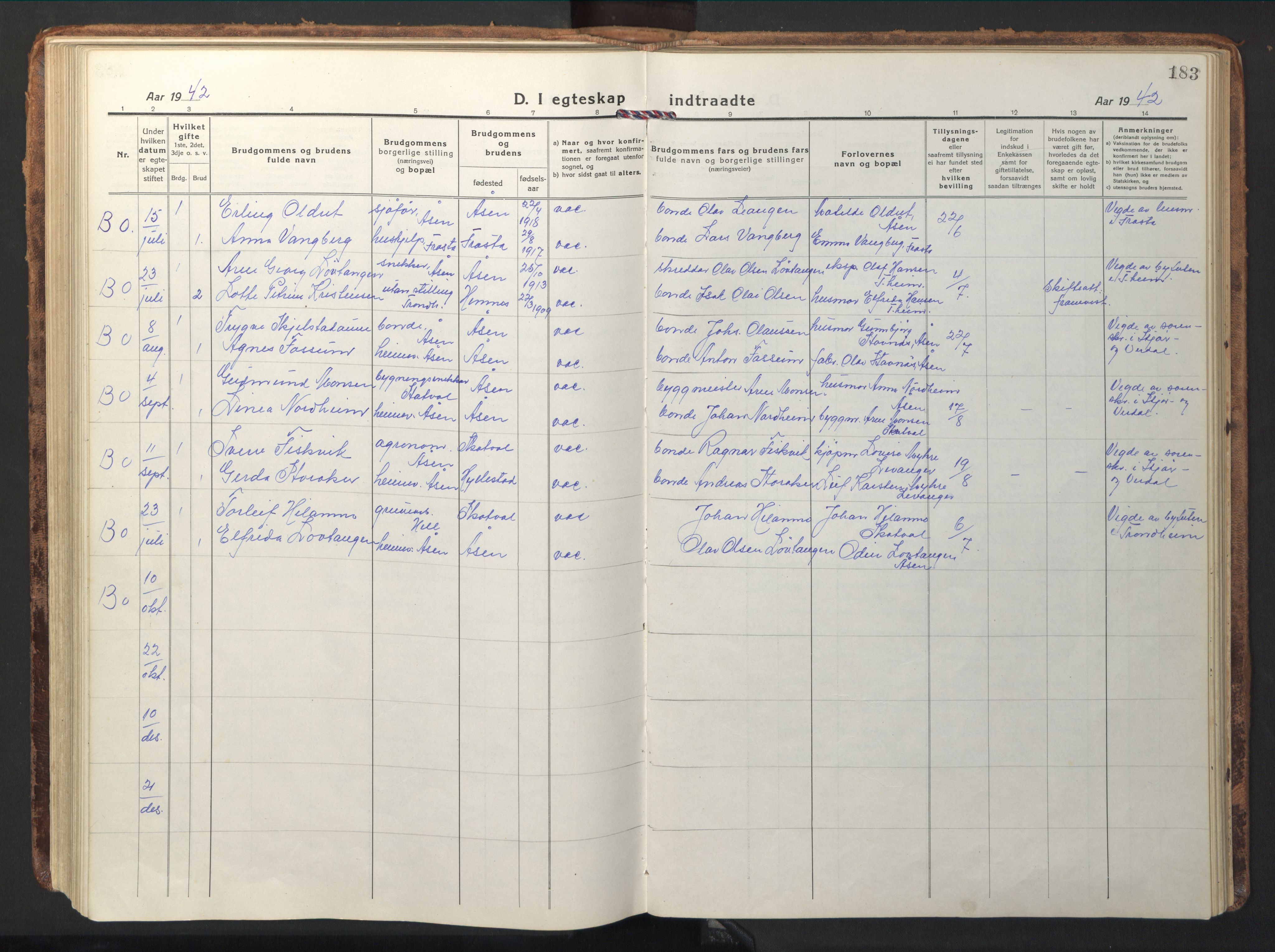 Ministerialprotokoller, klokkerbøker og fødselsregistre - Nord-Trøndelag, AV/SAT-A-1458/714/L0136: Parish register (copy) no. 714C05, 1918-1957, p. 183