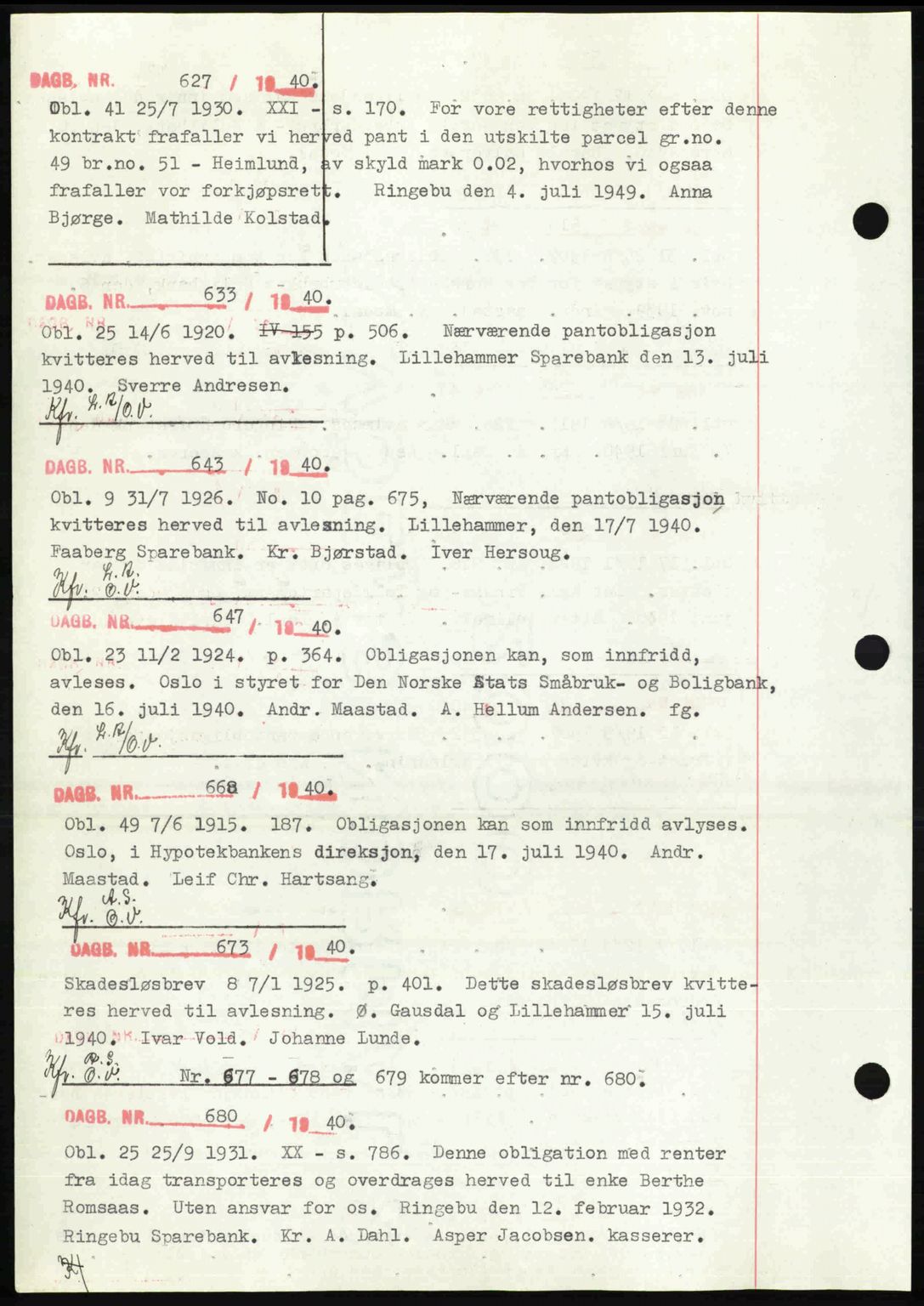 Sør-Gudbrandsdal tingrett, SAH/TING-004/H/Hb/Hbf/L0002: Mortgage book no. C1, 1938-1951, Diary no: : 627/1940